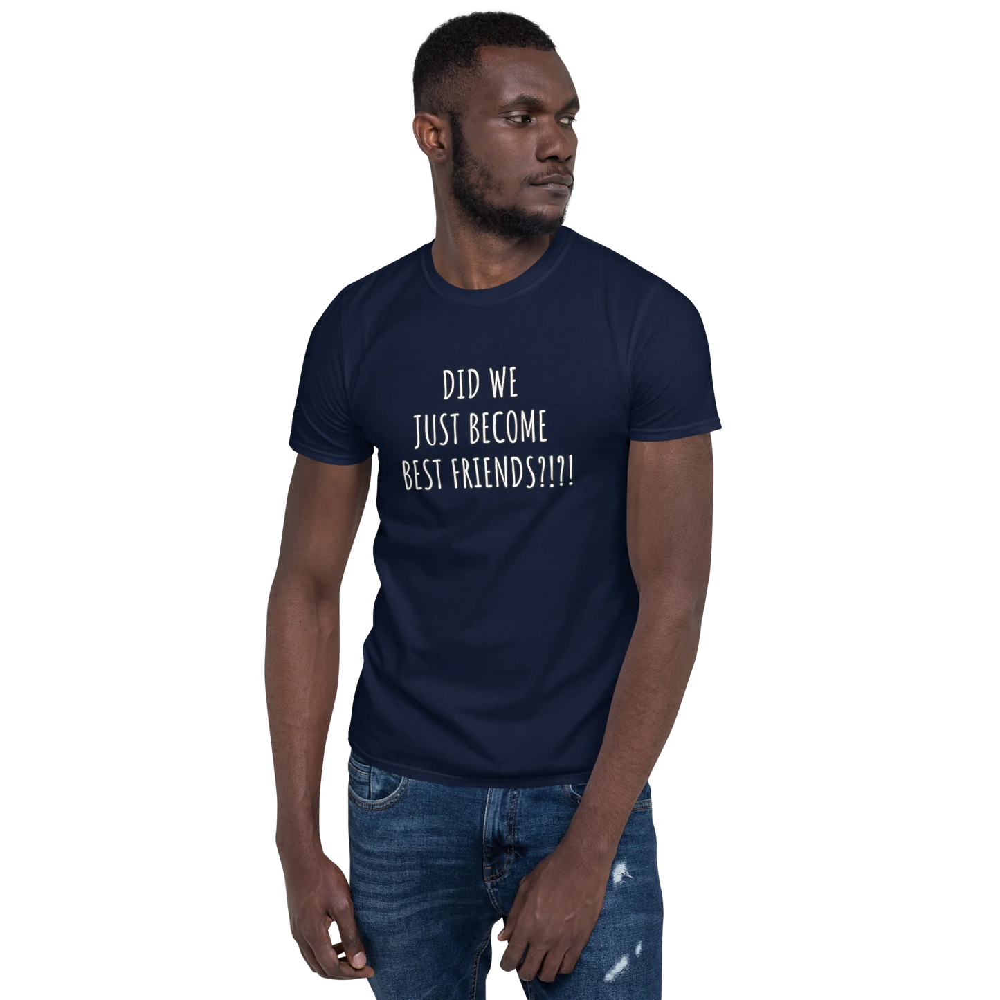 Did We Just Become Best Friends Tee in Navy on man right
