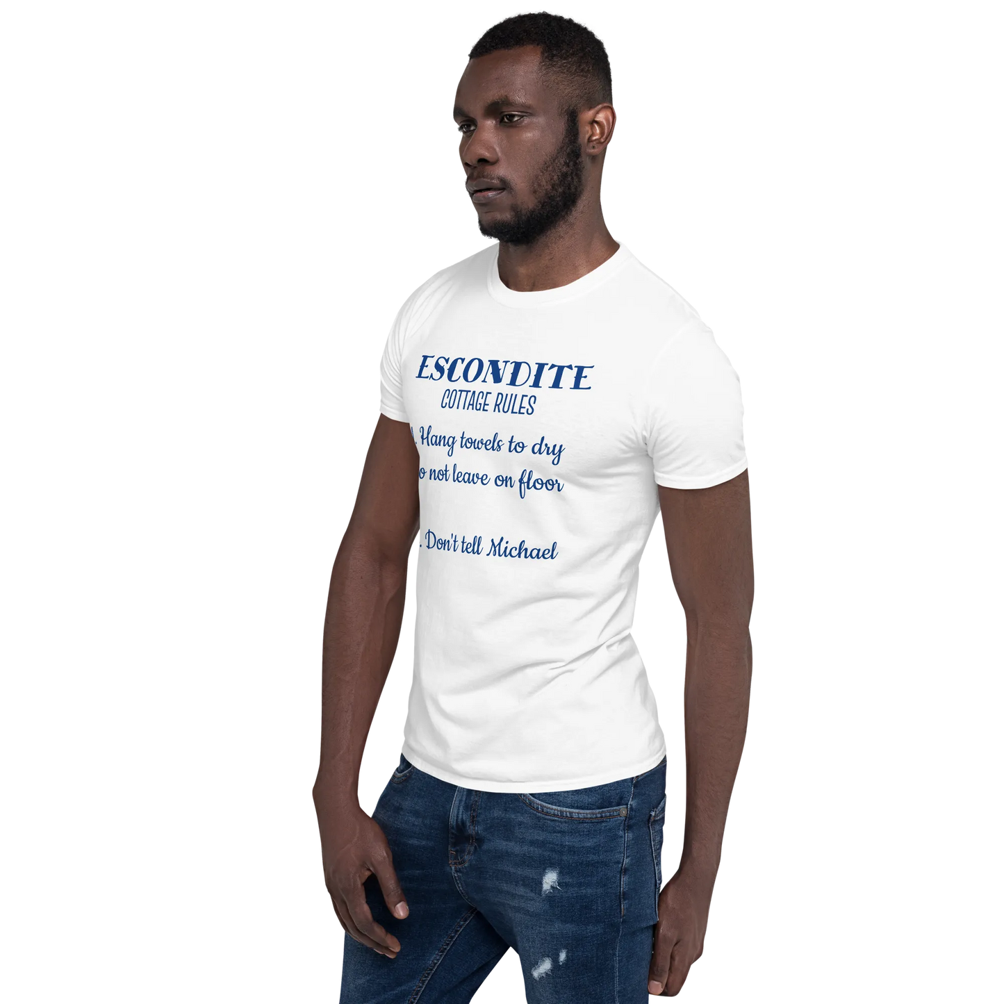 ESCONDITE Cottage Rules Tee in White on man left