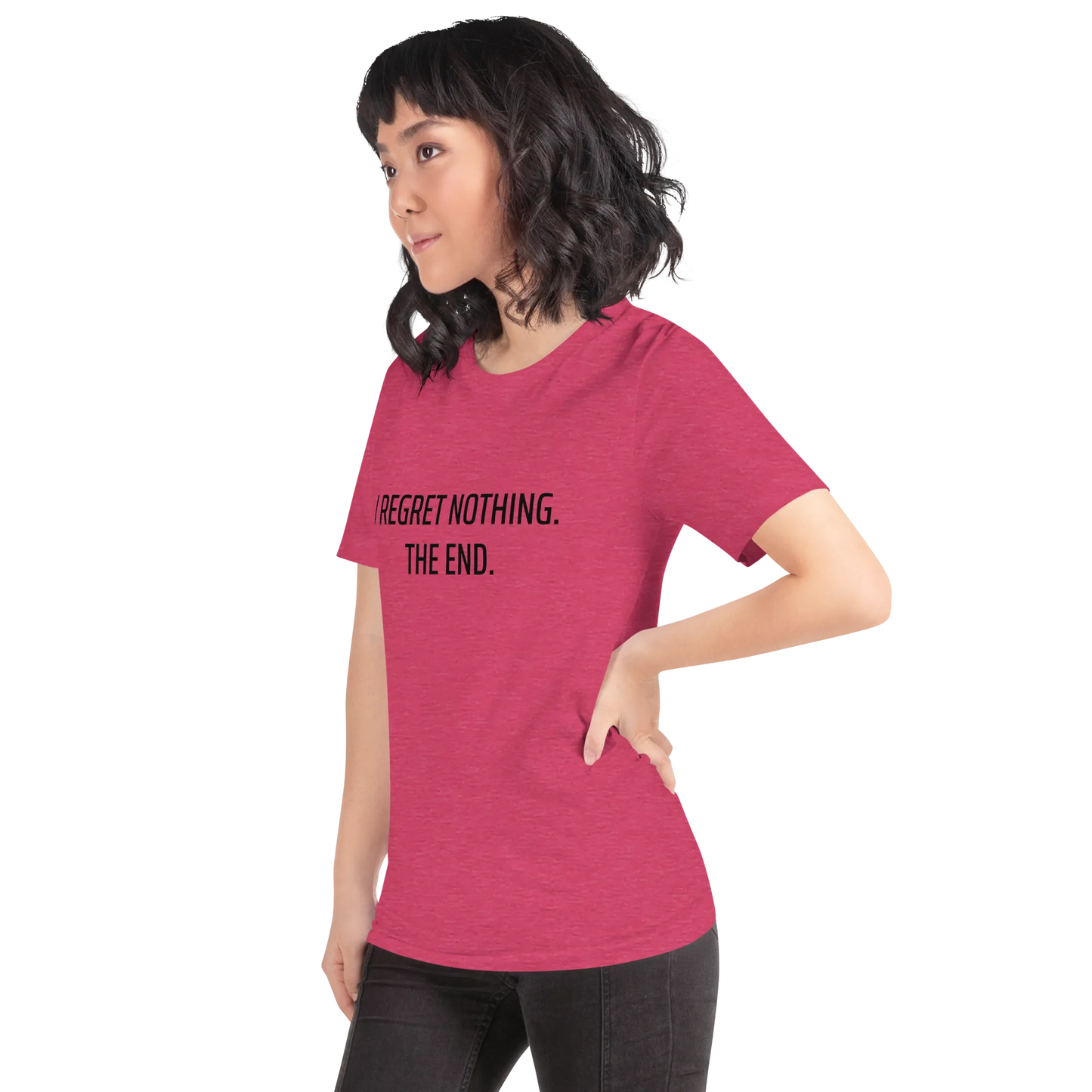 I Regret Nothing Tee in Heather Raspberry on woman left
