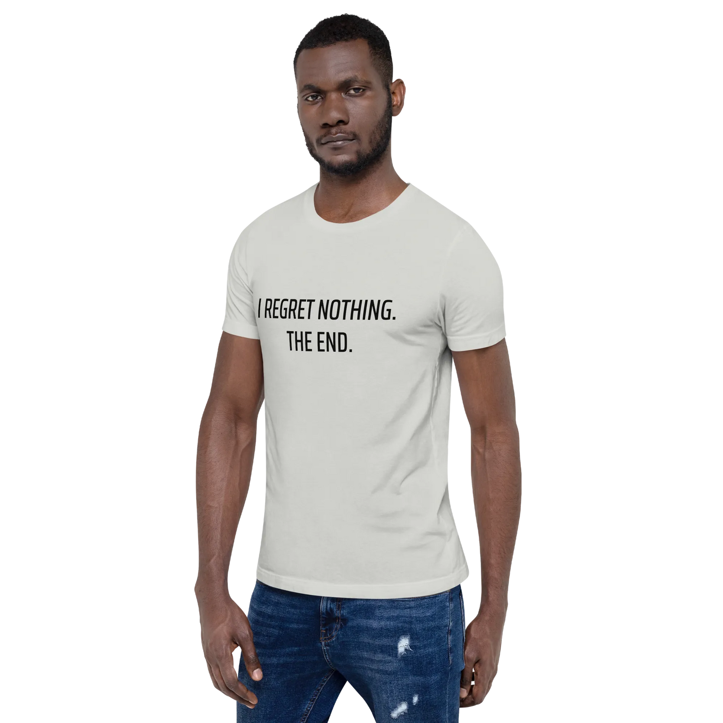 I Regret Nothing Tee in Silver on man left