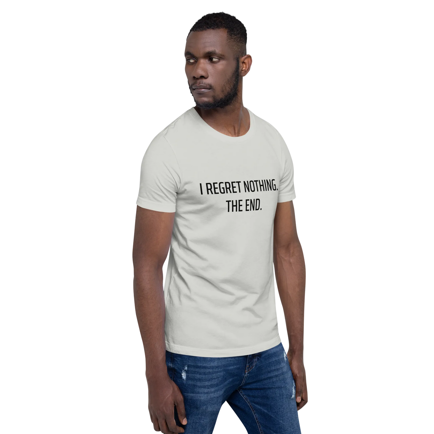 I Regret Nothing Tee in Silver on man right