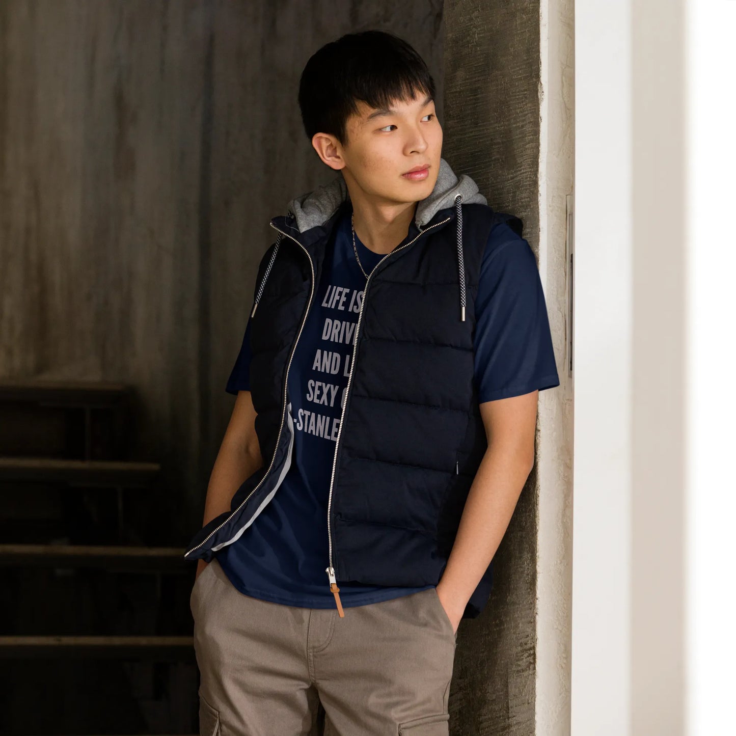 Life is Short Tee in Black on man in vest