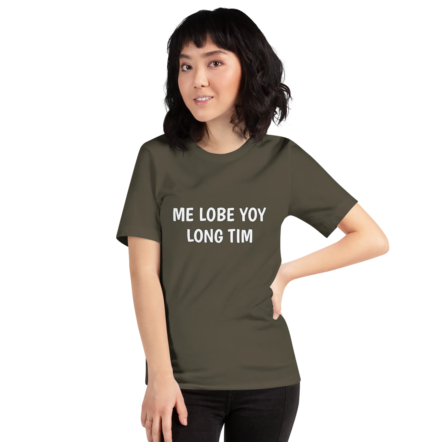 Me Lobe Yoy Long Tim Tee in Army on woman front