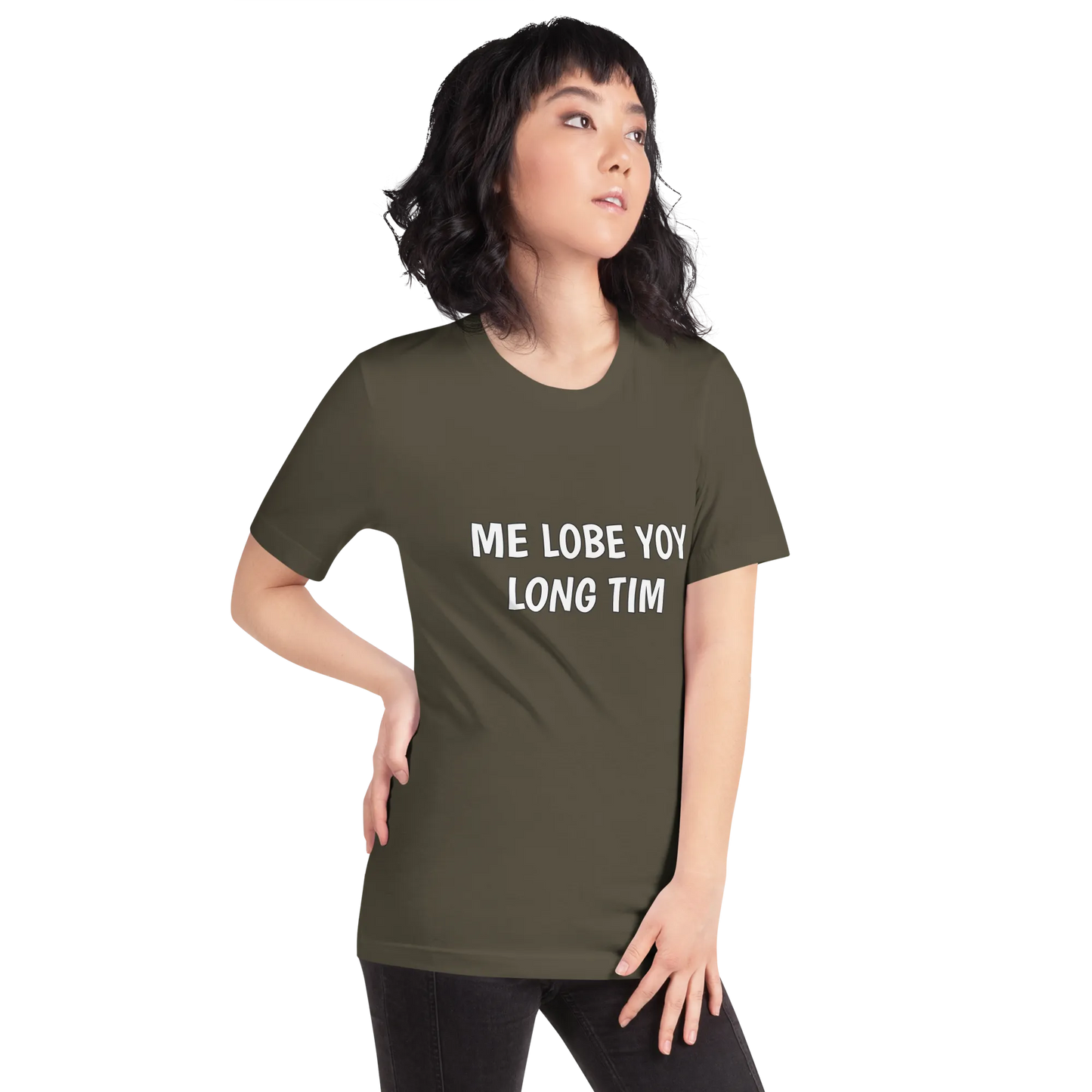 Me Lobe Yoy Long Tim Tee in Army on woman right