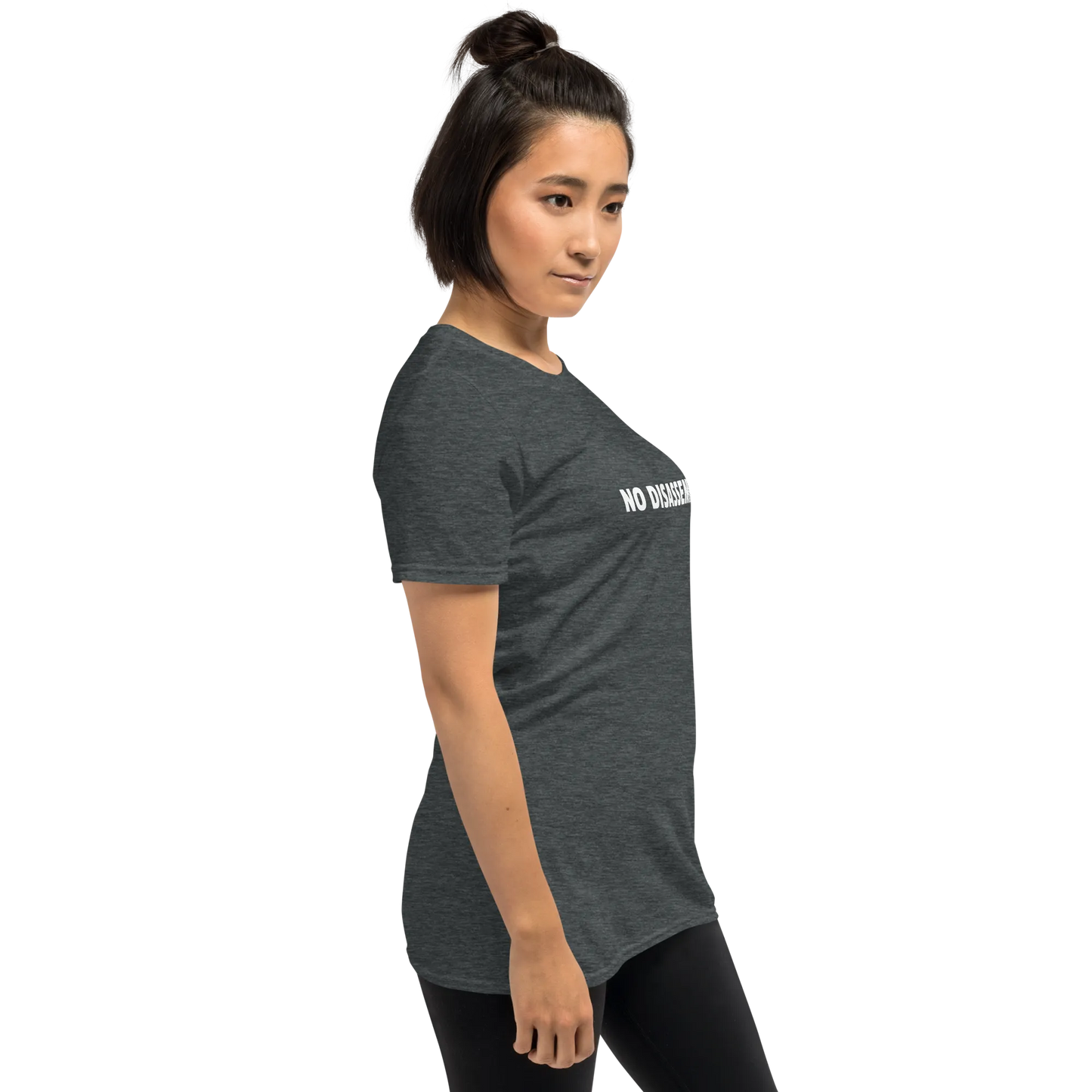 No Disassemble Tee in Dark Heather Grey on woman right