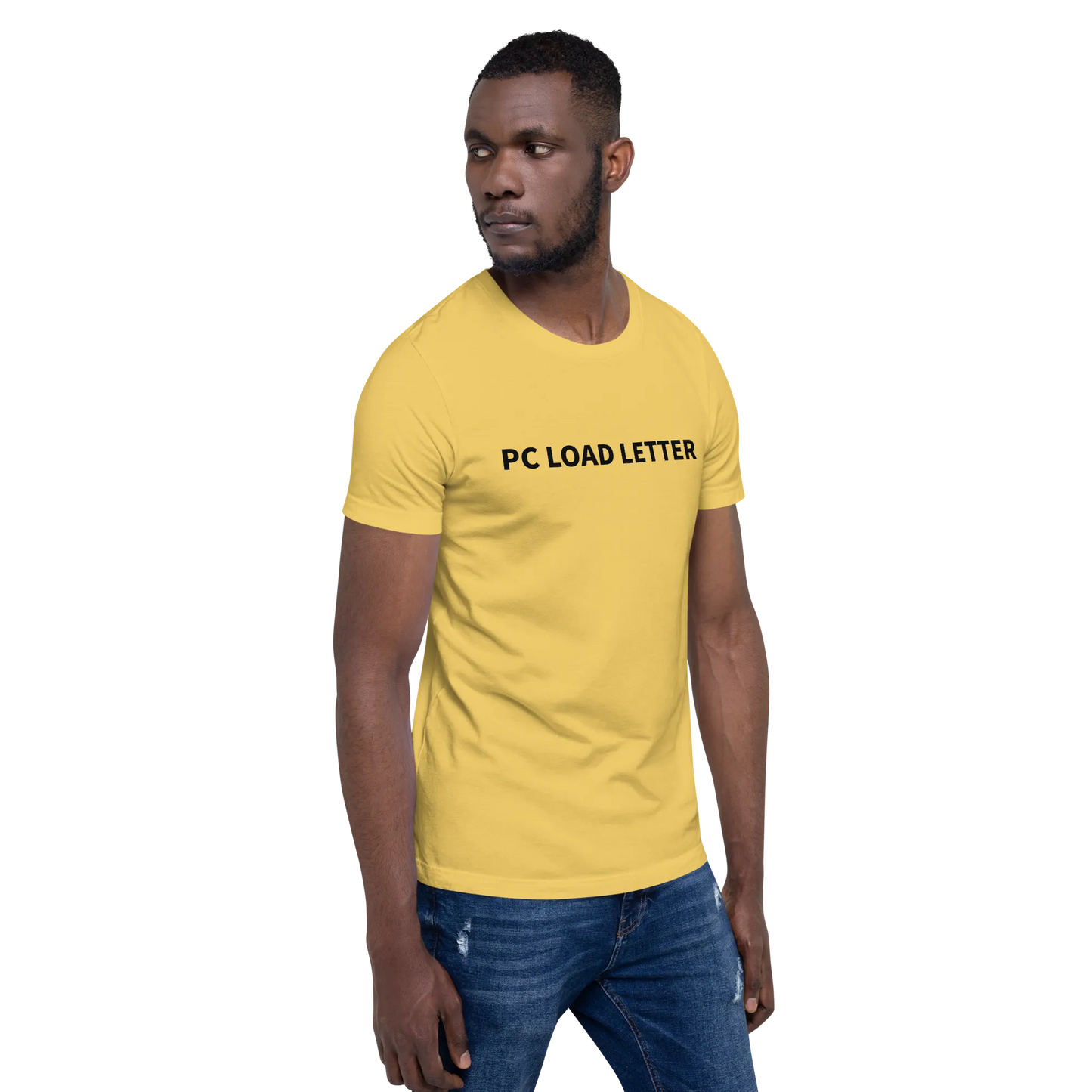 PC Load Letter Tee in Yellow on man right