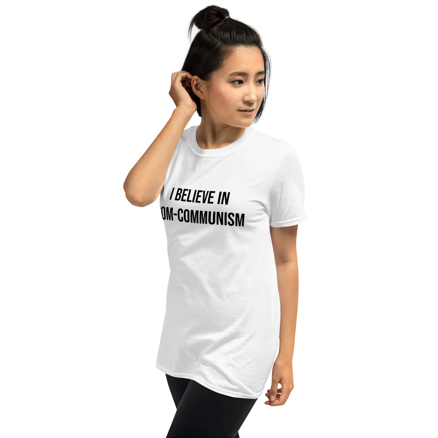 Rom-Communism (Front & Back) Tee in White on woman left