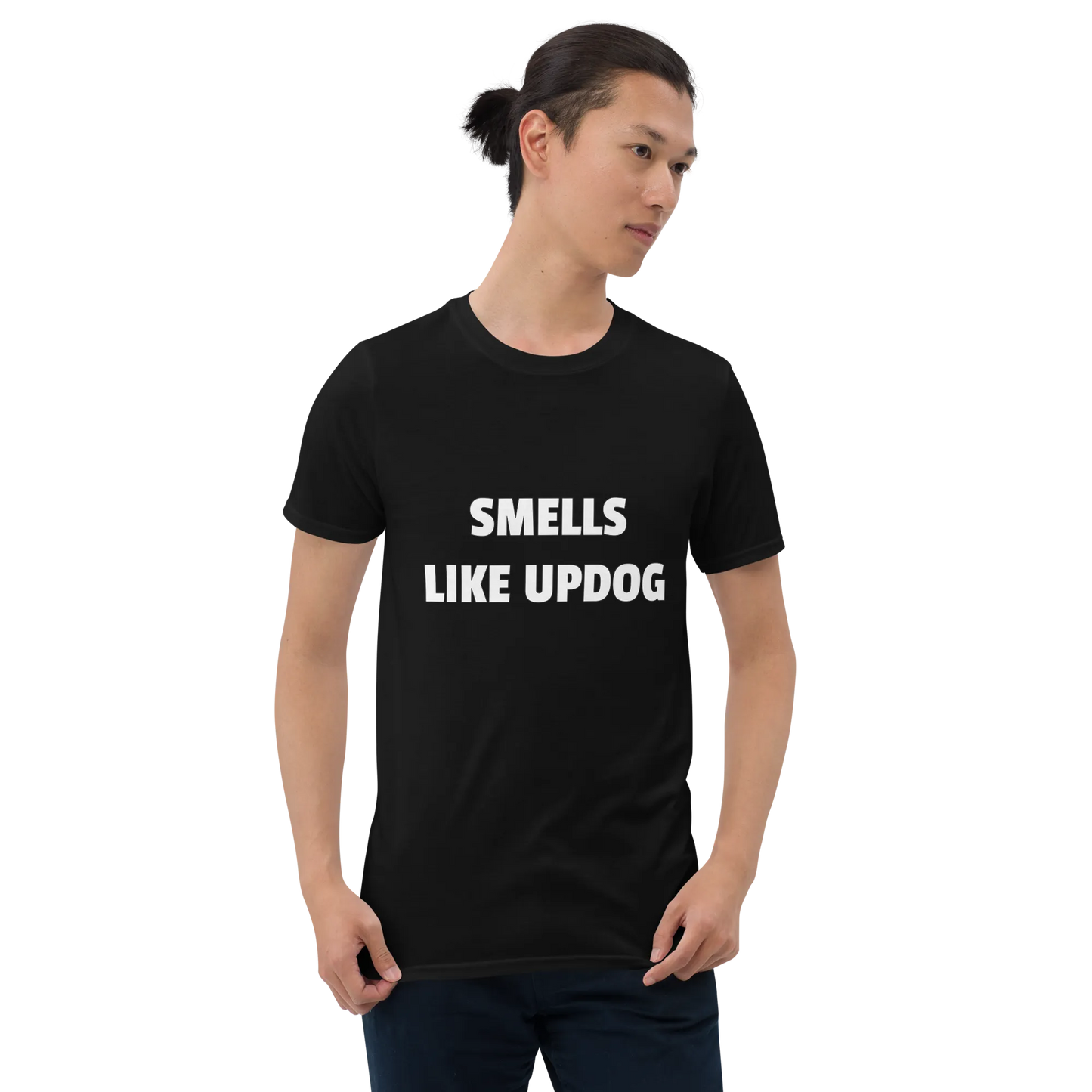 Smells Like Updog Tee in Black on man