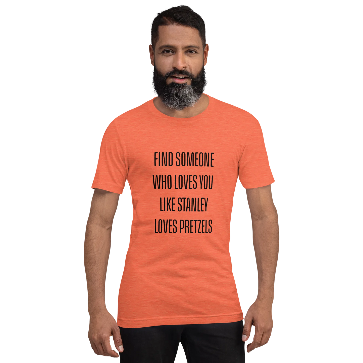Stanley Loves Pretzels Tee in Heather Orange on man