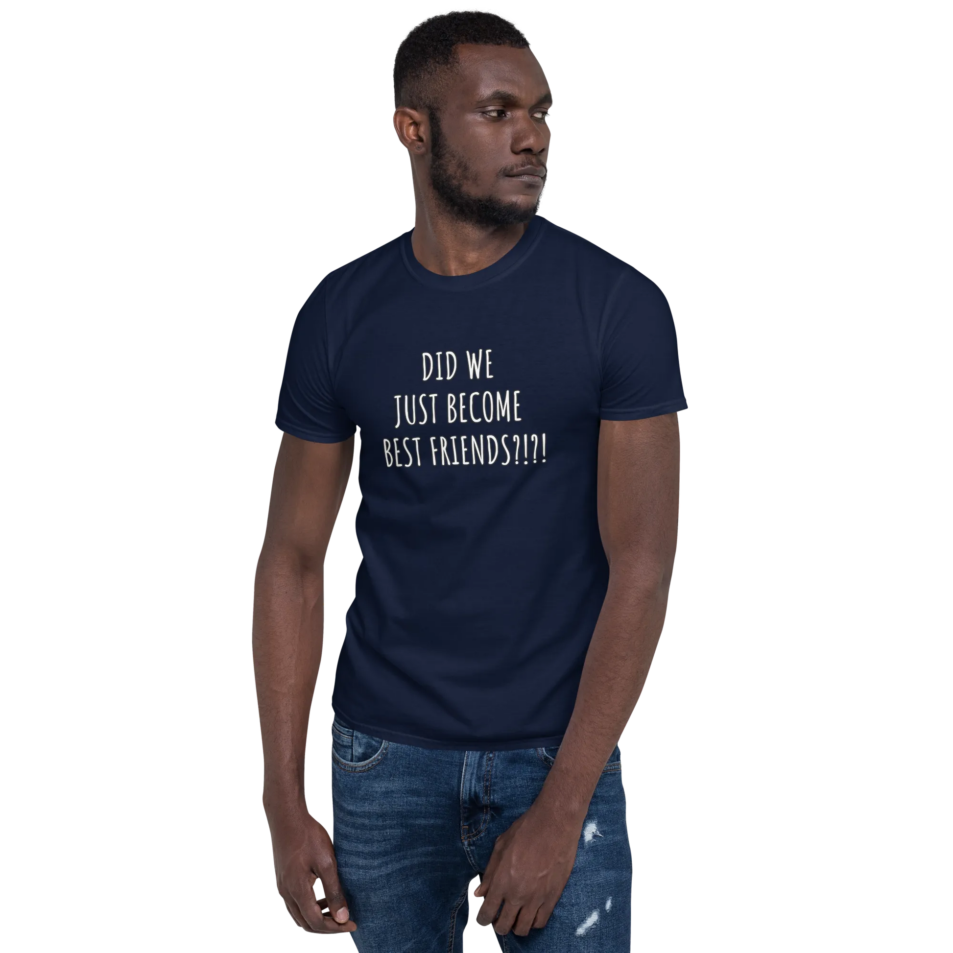 Did We Just Become Best Friends Tee in Navy on man right