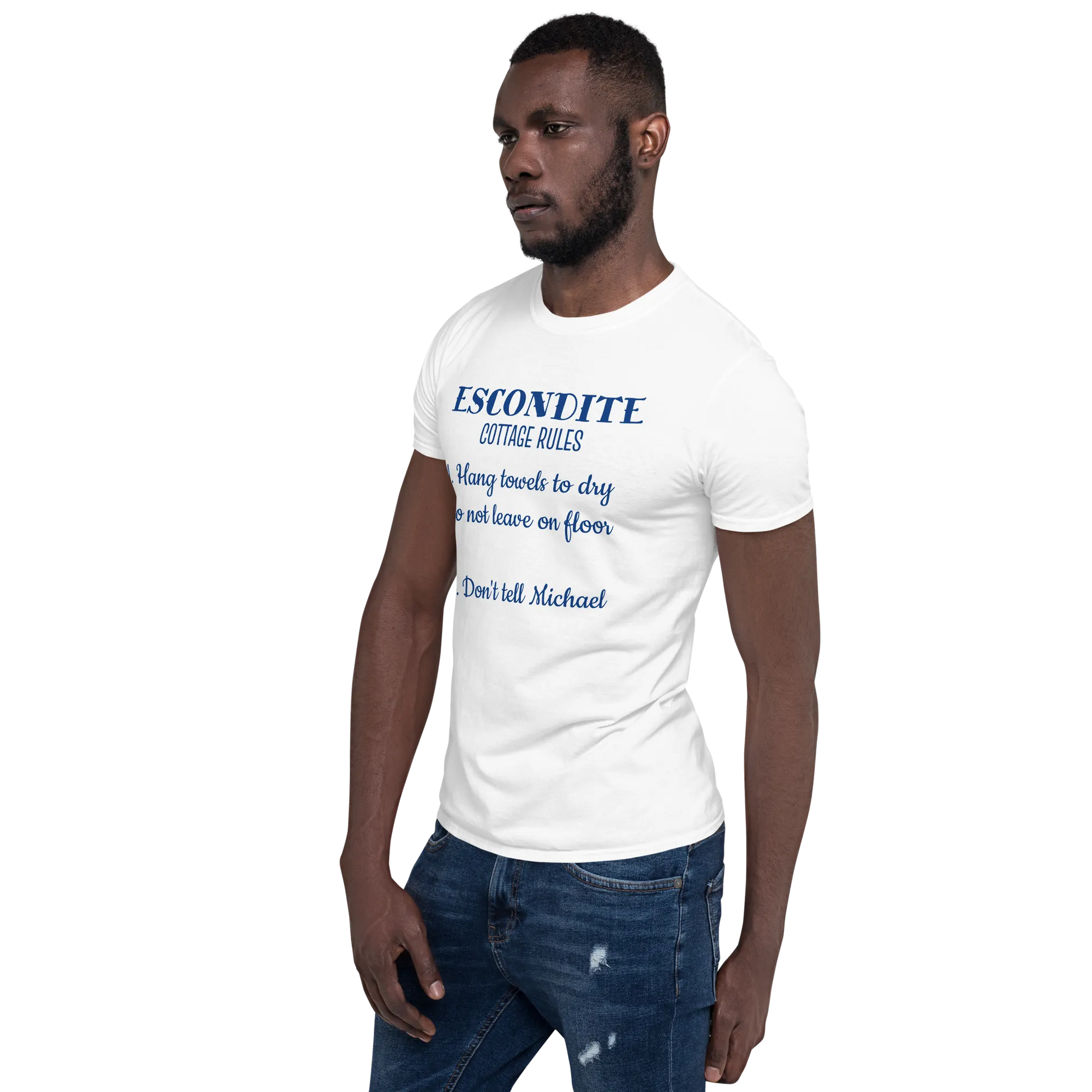 ESCONDITE Cottage Rules Tee in White on man left