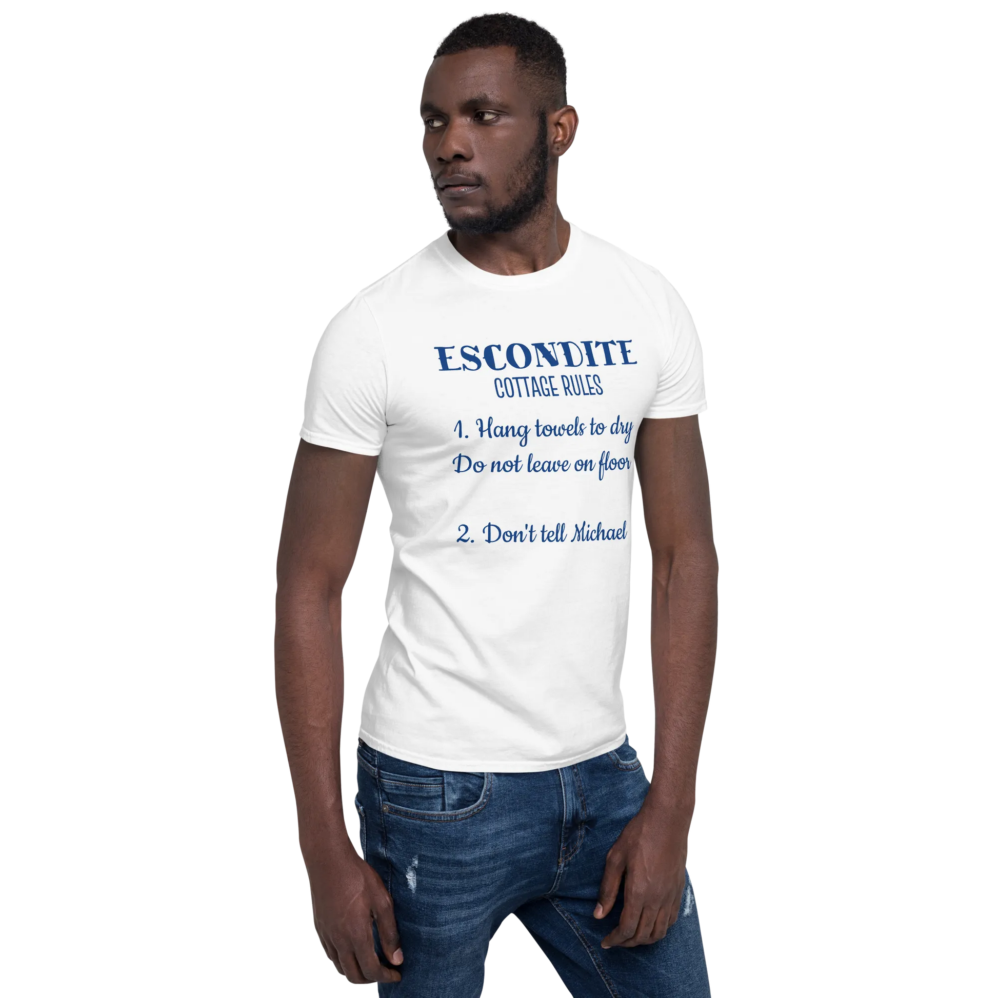 ESCONDITE Cottage Rules Tee in White on man front