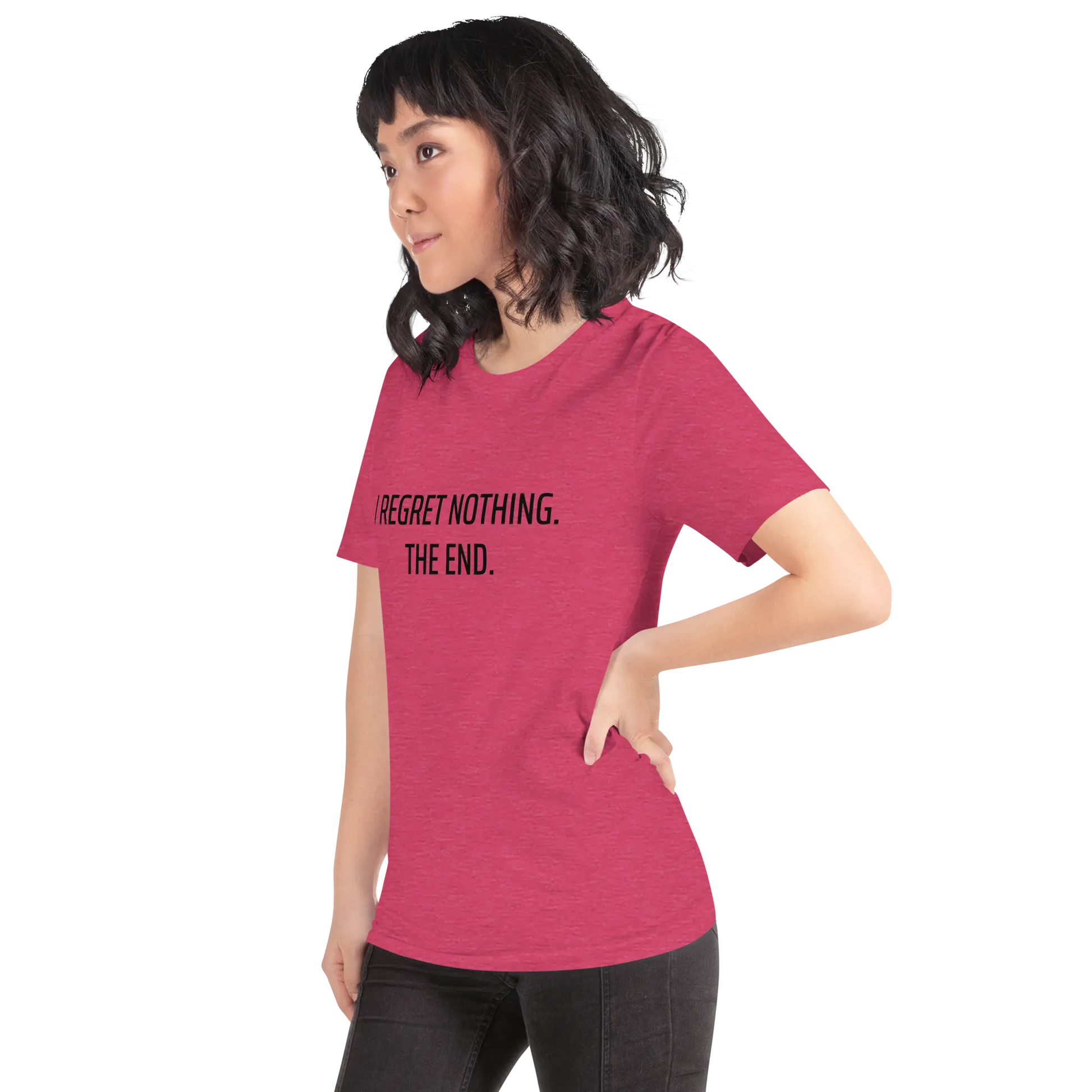 I Regret Nothing Tee in Heather Raspberry on woman left