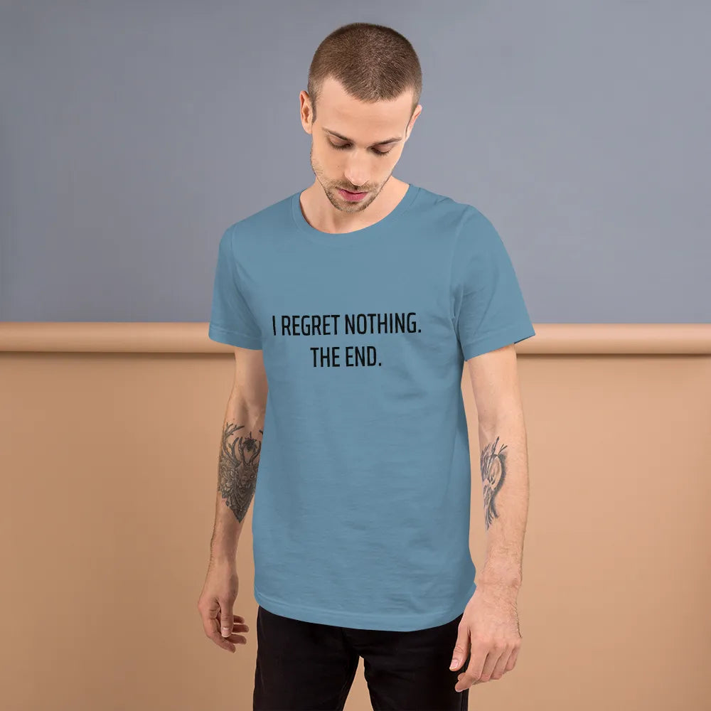 I Regret Nothing Tee in Steel Blue on man
