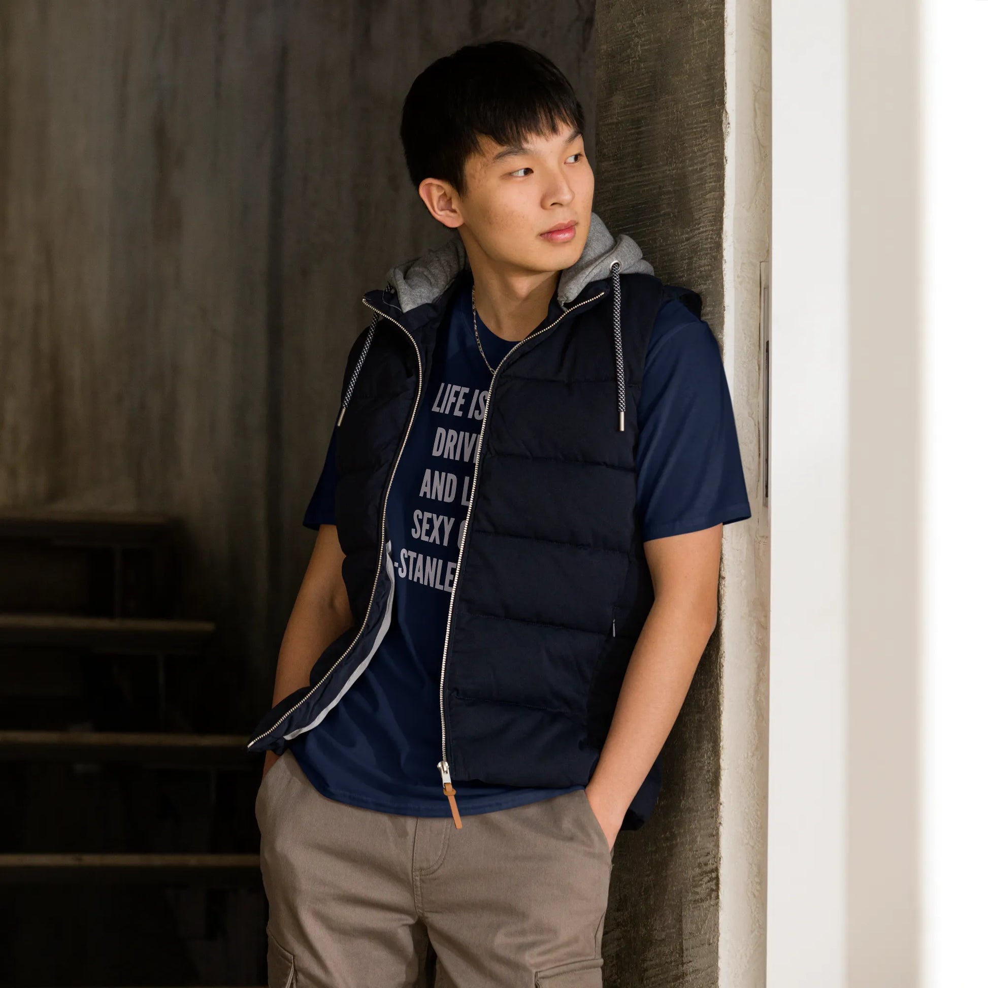 Life is Short Tee in Black on man in vest