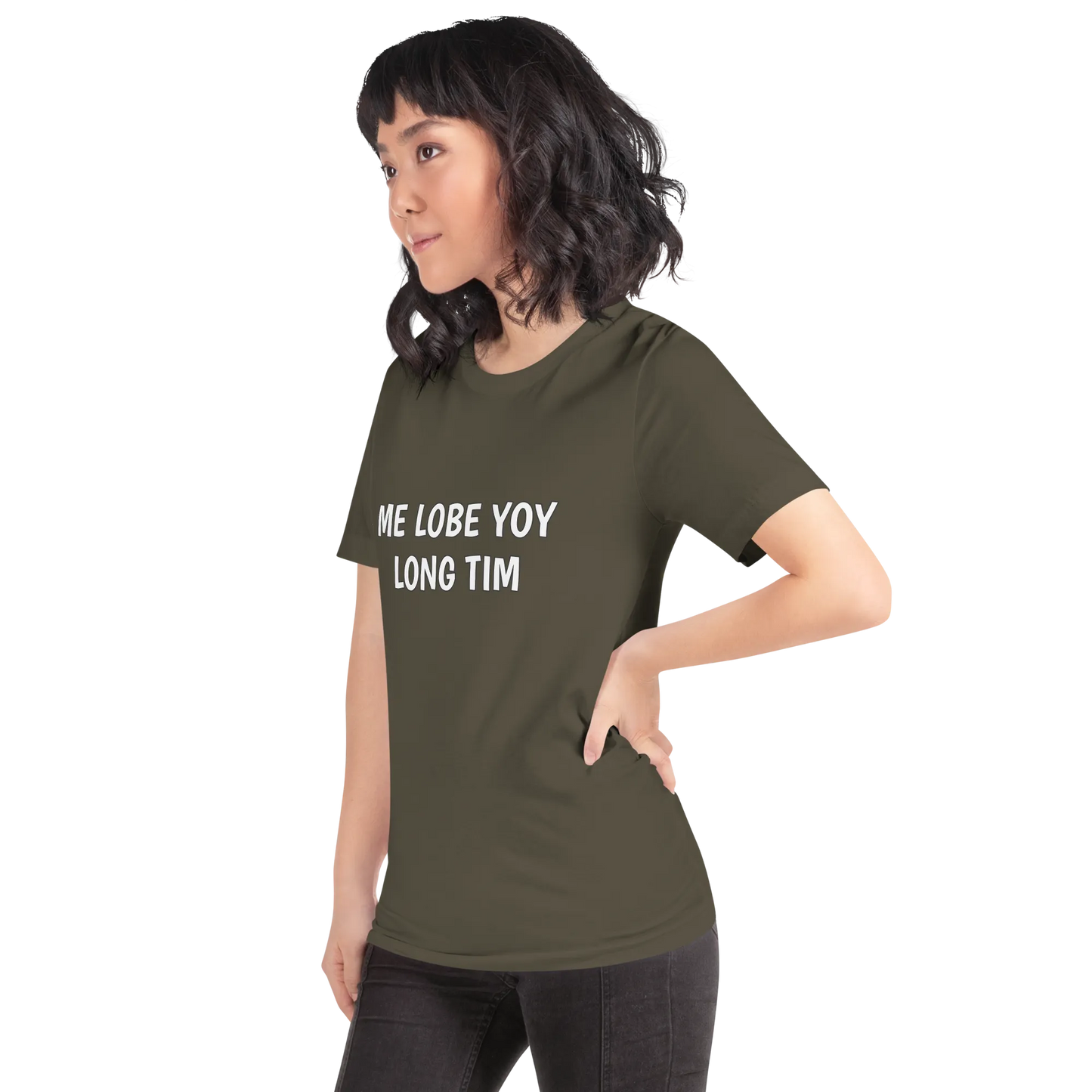 Me Lobe Yoy Long Tim Tee in Army on woman left