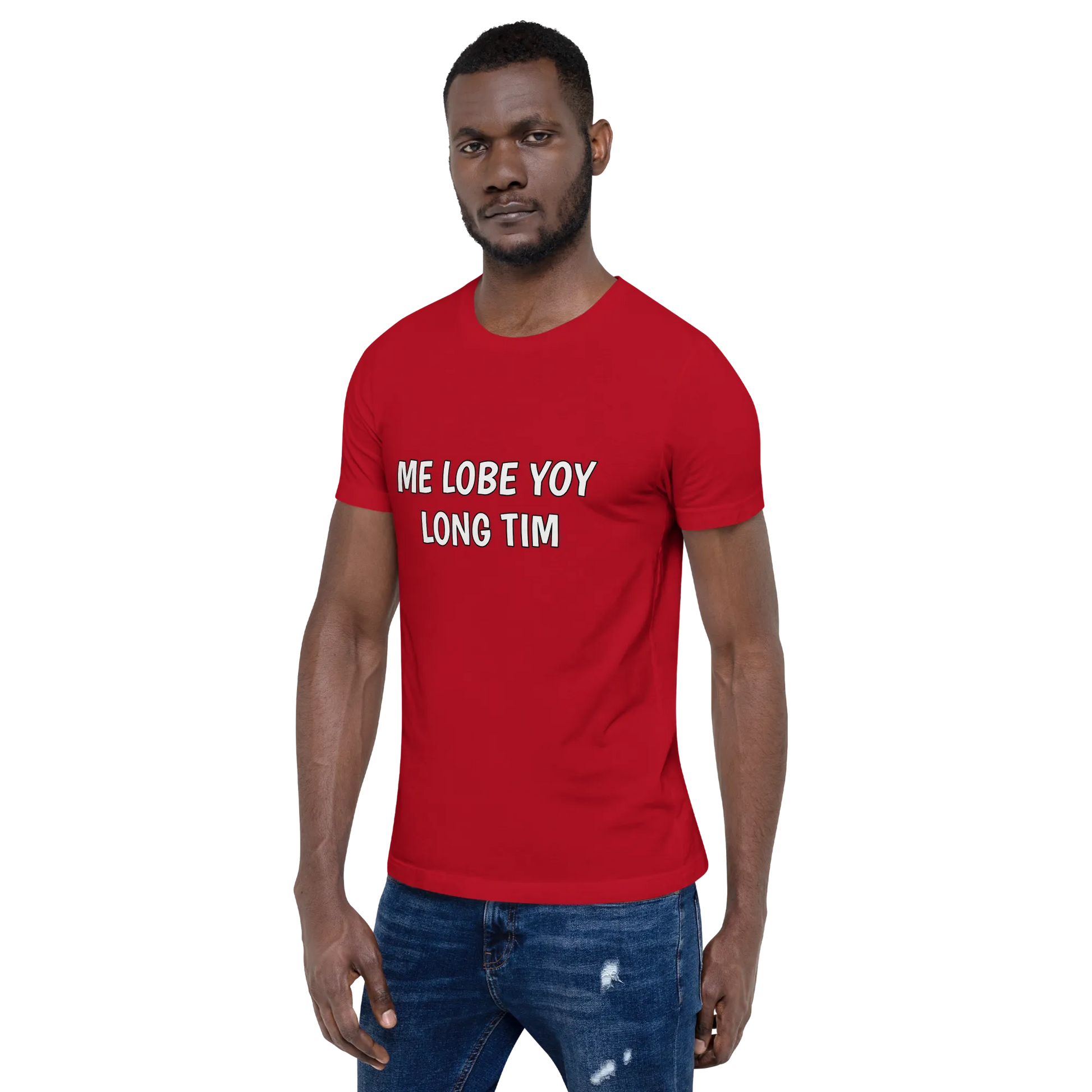 Me Lobe Yoy Long Tim Tee in Red on man left