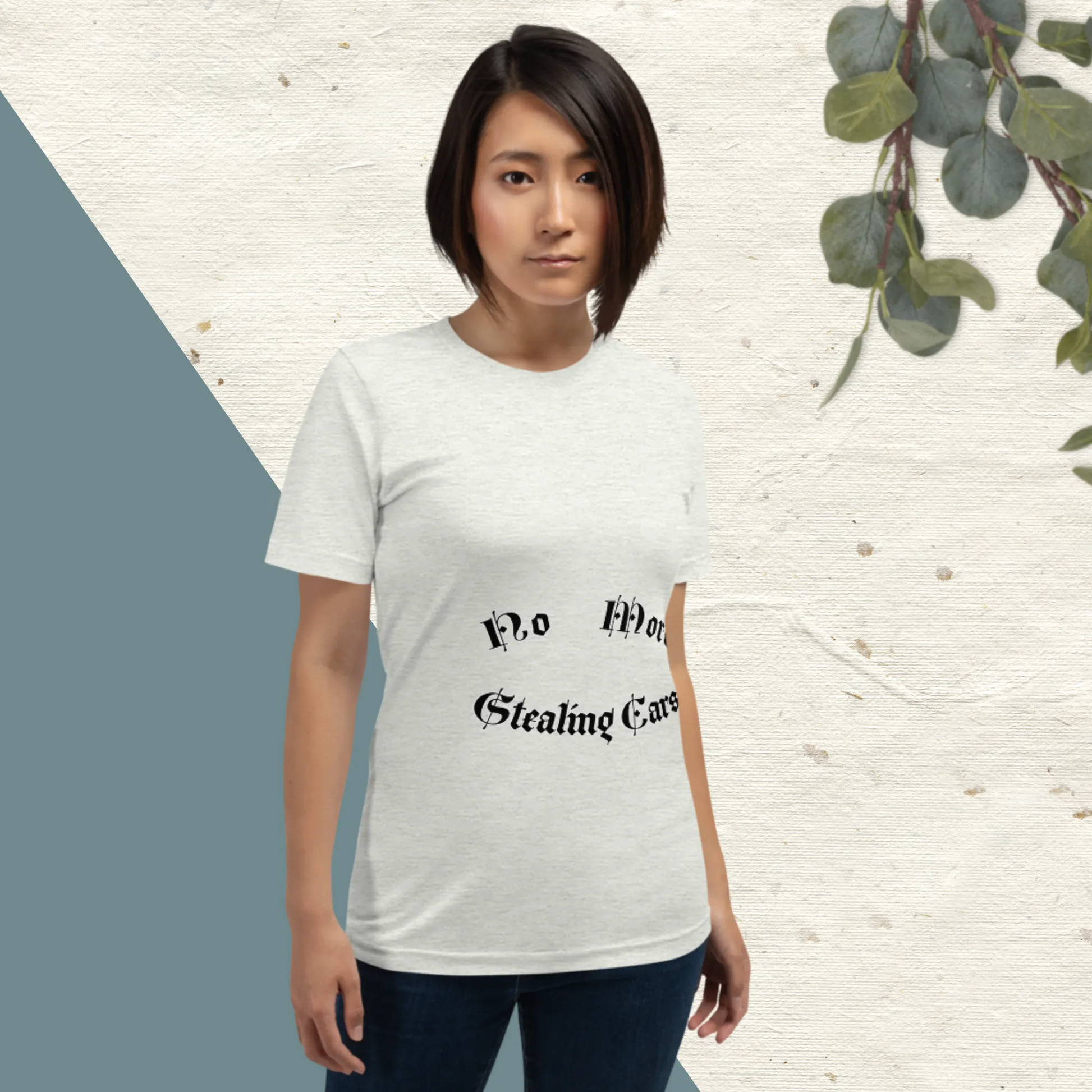 No More Stealing Cars Tee in Ash on woman