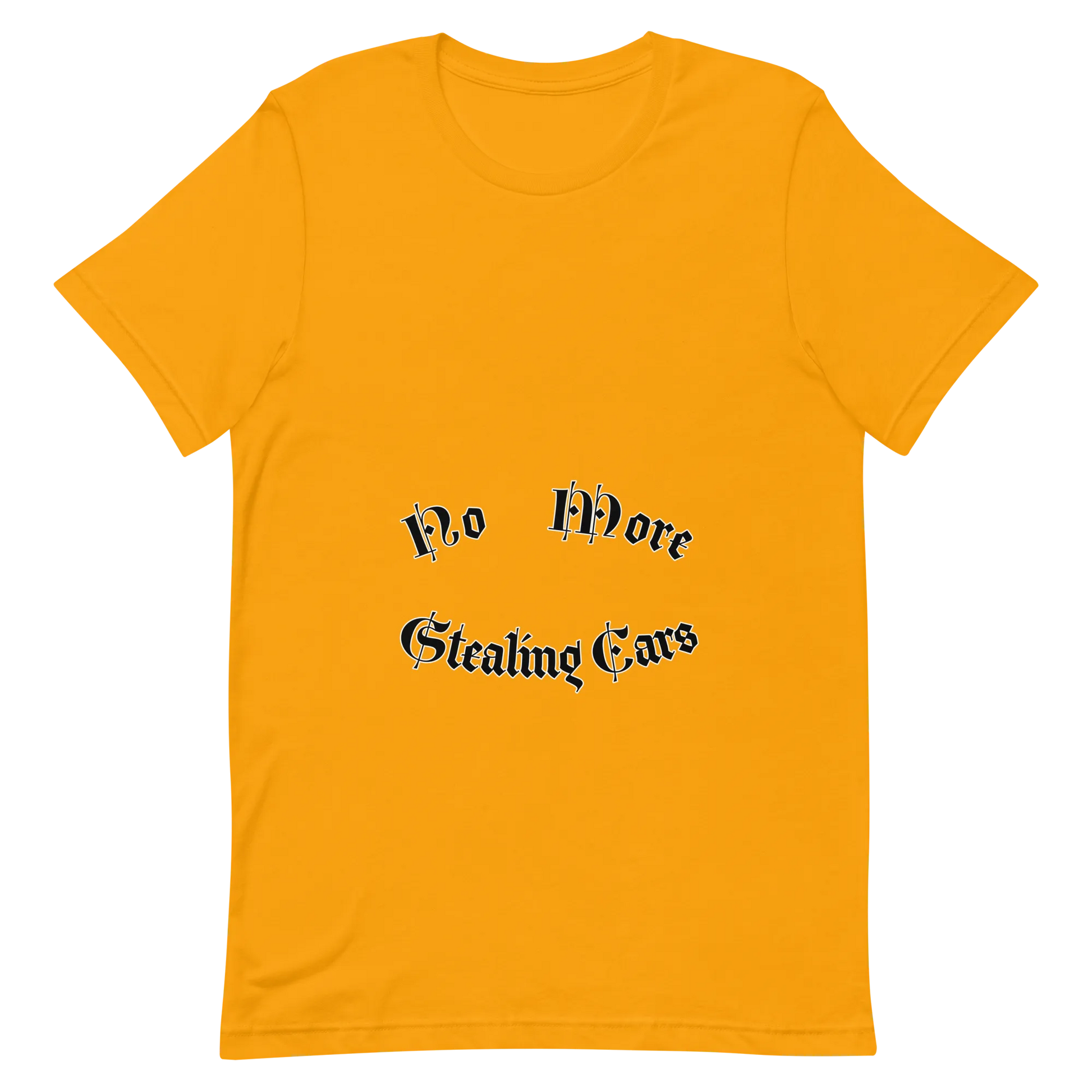 No More Stealing Cars Tee in Gold flatlay