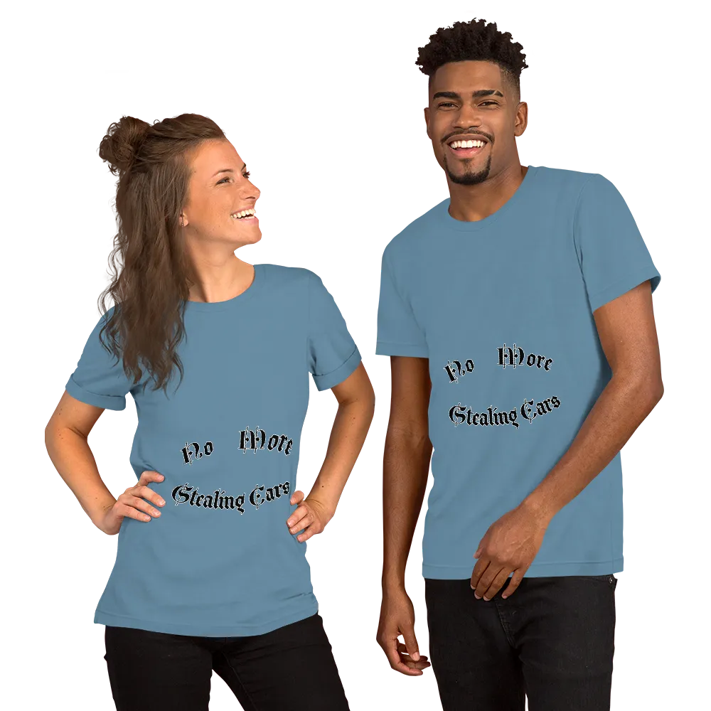 No More Stealing Cars Tee in Steel Blue on couple