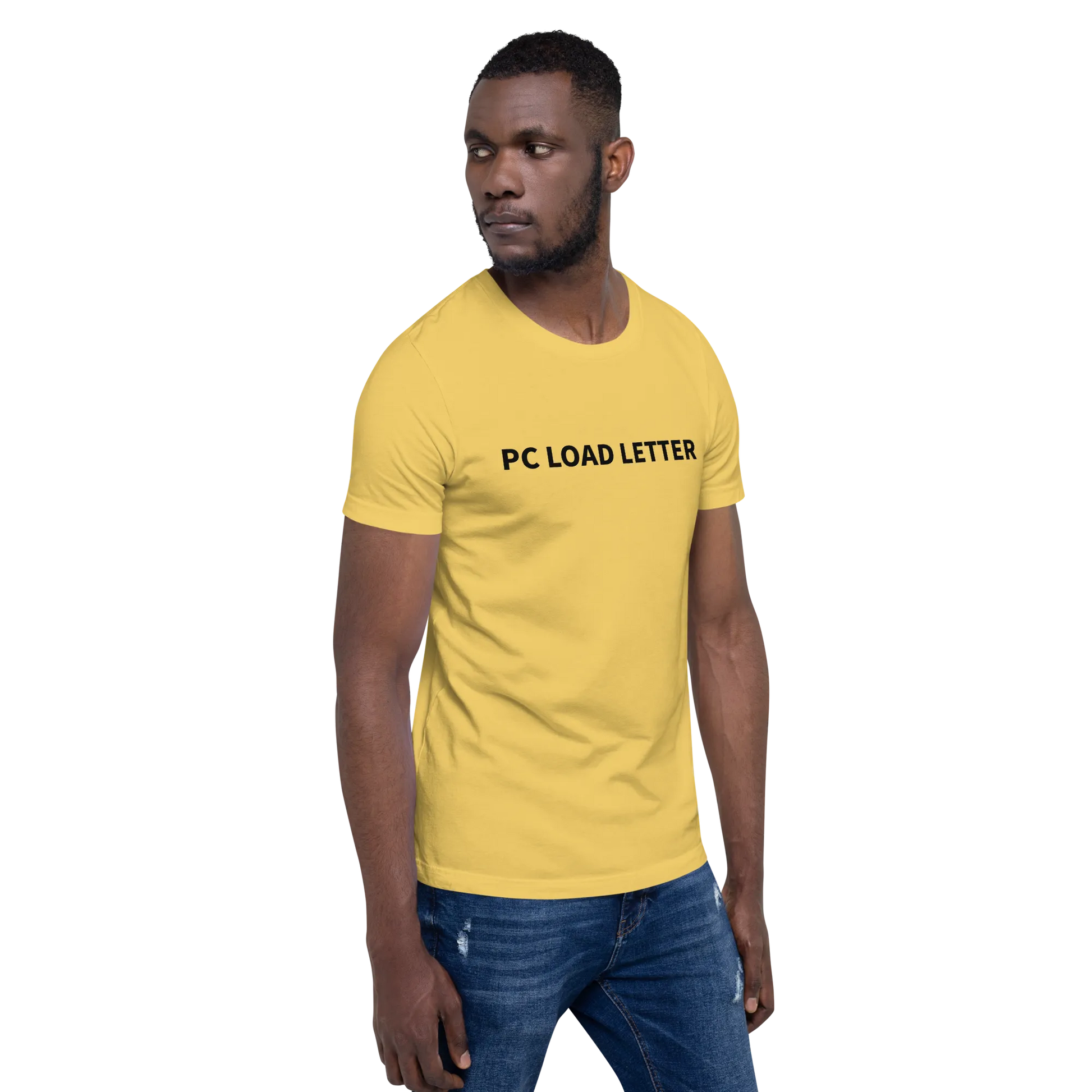 PC Load Letter Tee in Yellow on man right
