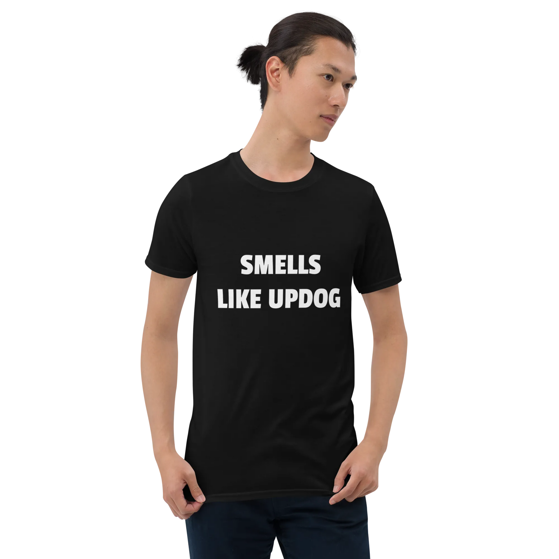 Smells Like Updog Tee in Black on man