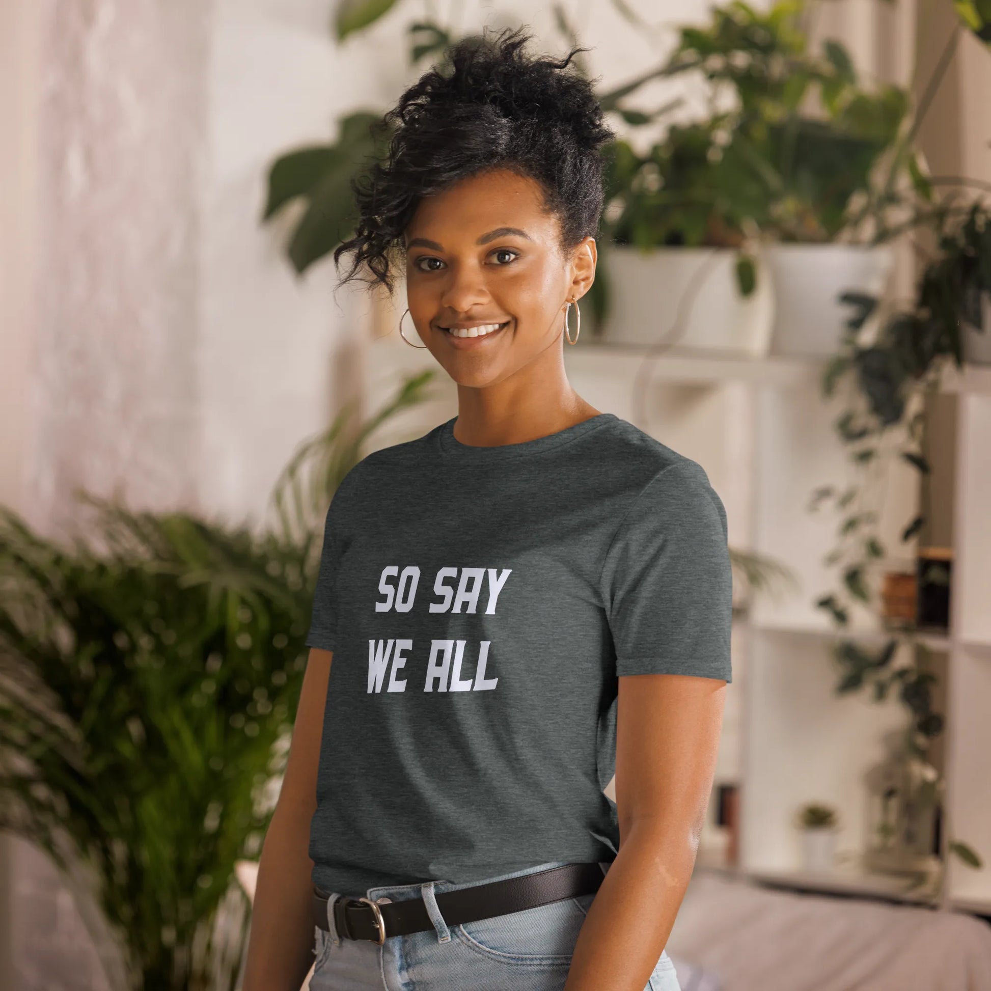 So Say We All Tee in Dark Heather Grey on woman left