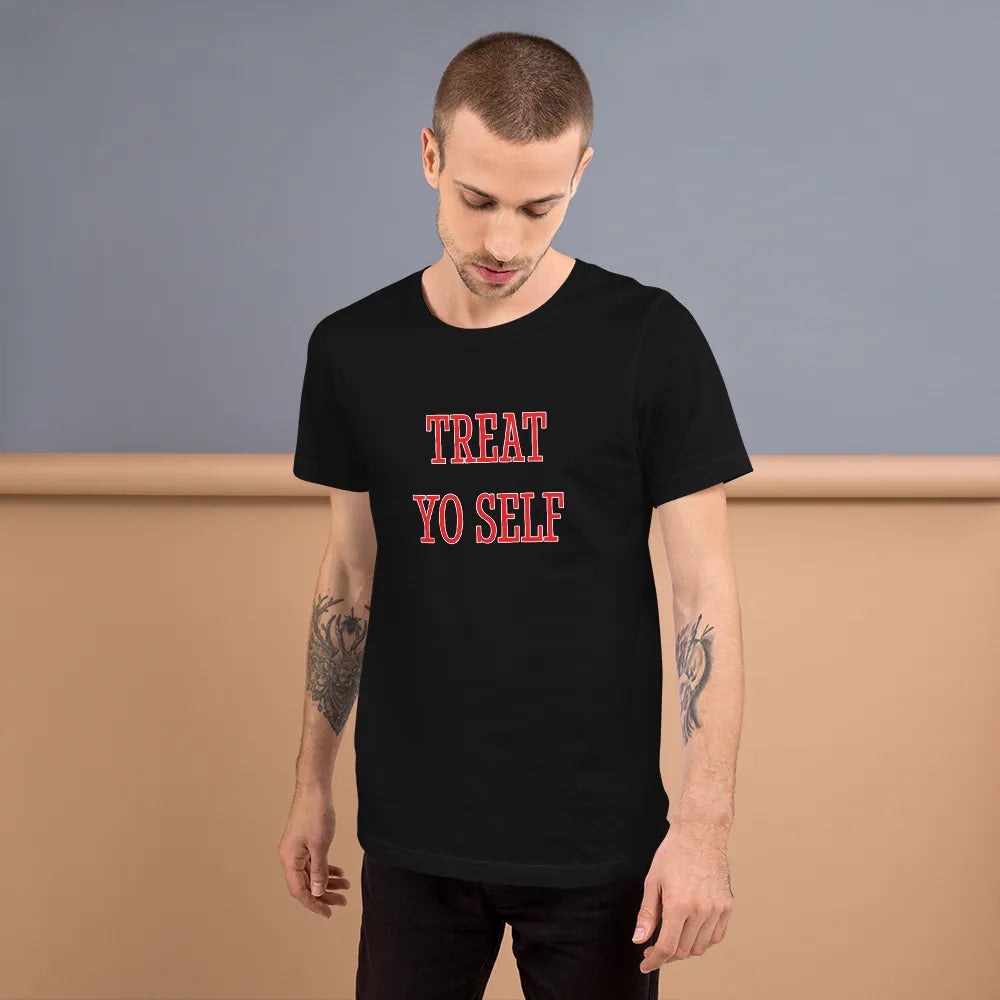 Treat Yo Self Tee in Black on man
