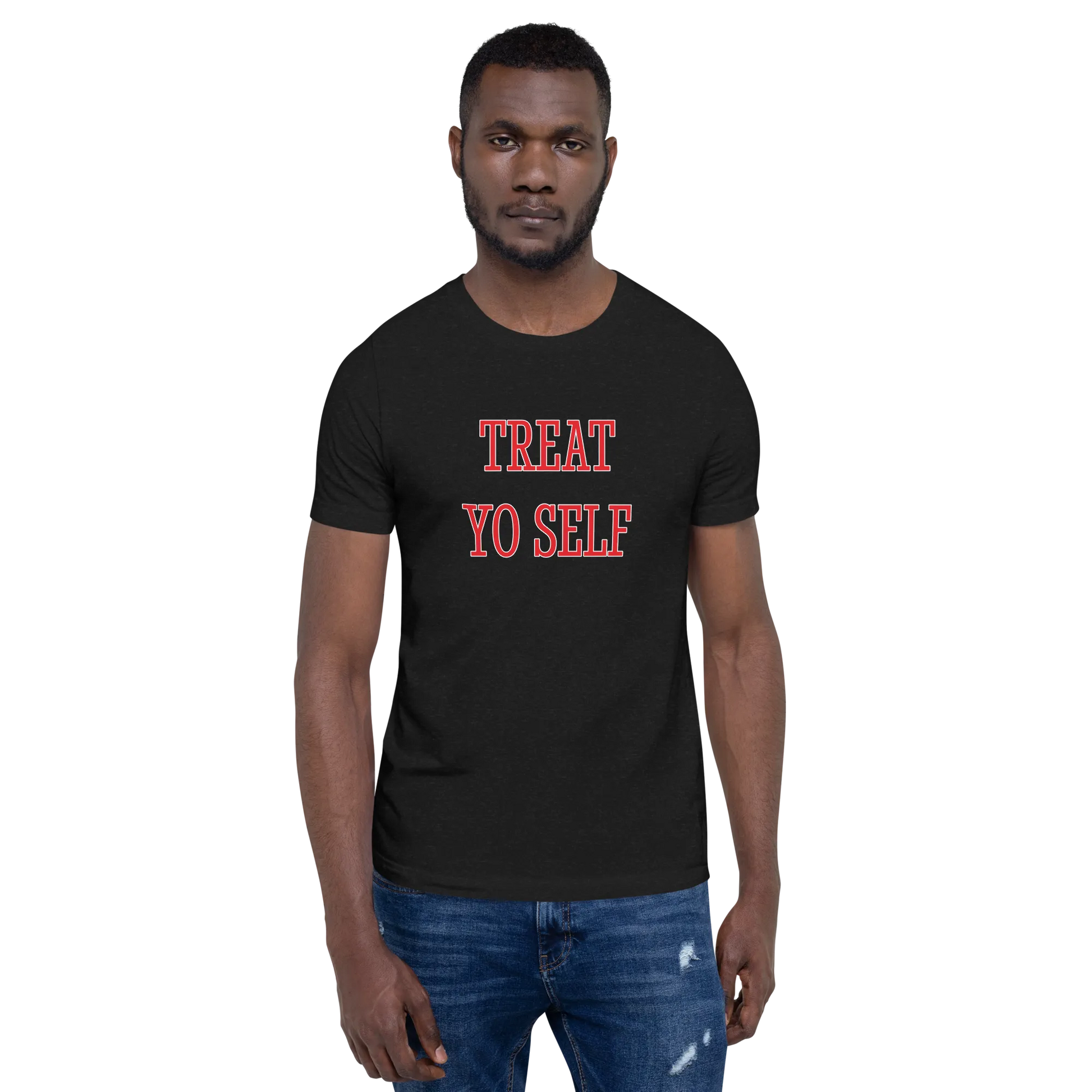 Treat Yo Self Tee in Black Heather on man front