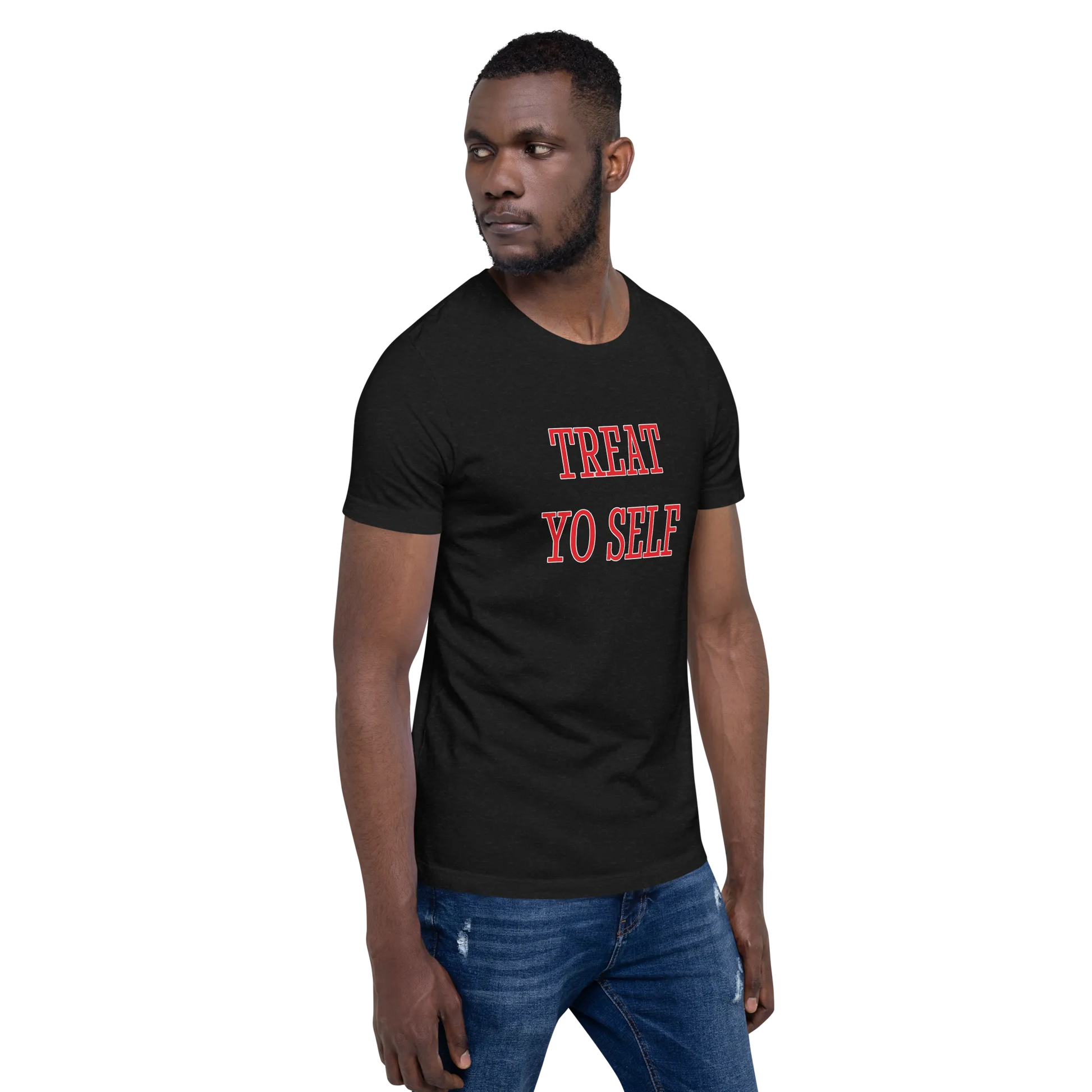 Treat Yo Self Tee in Black Heather on man right