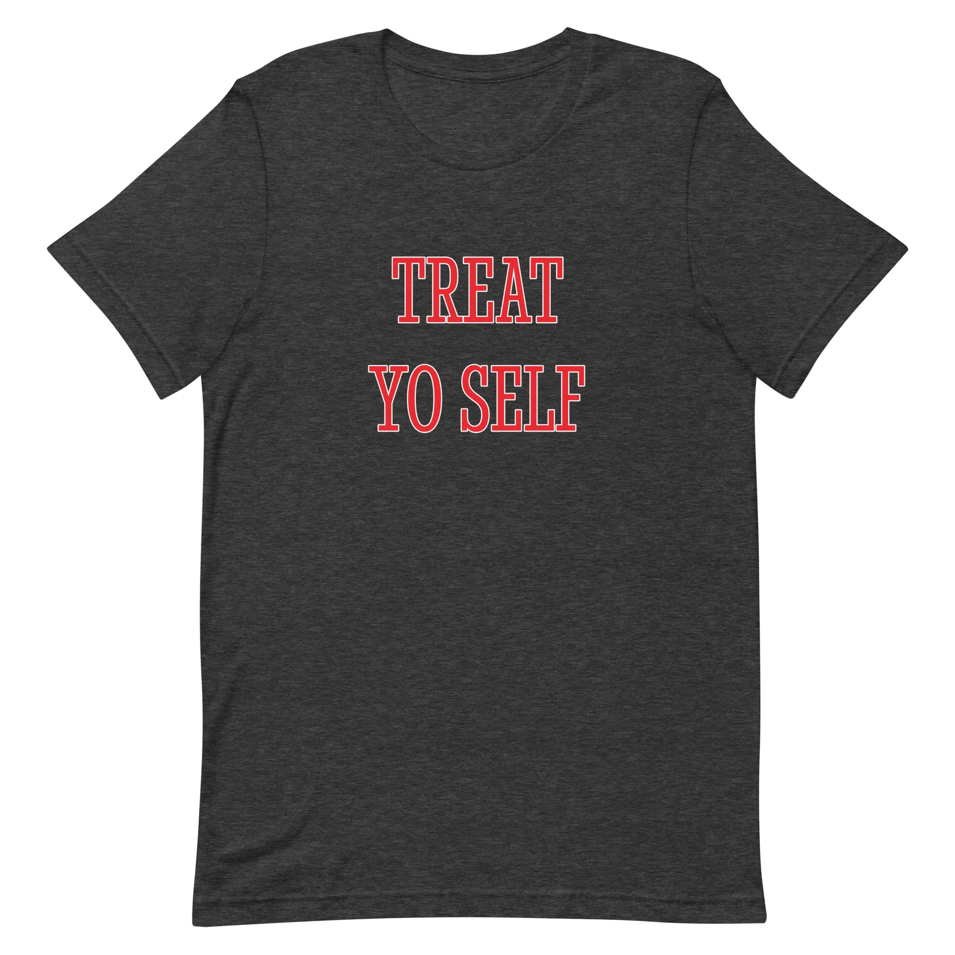 Treat Yo Self Tee in Dark Grey Heather flatlay