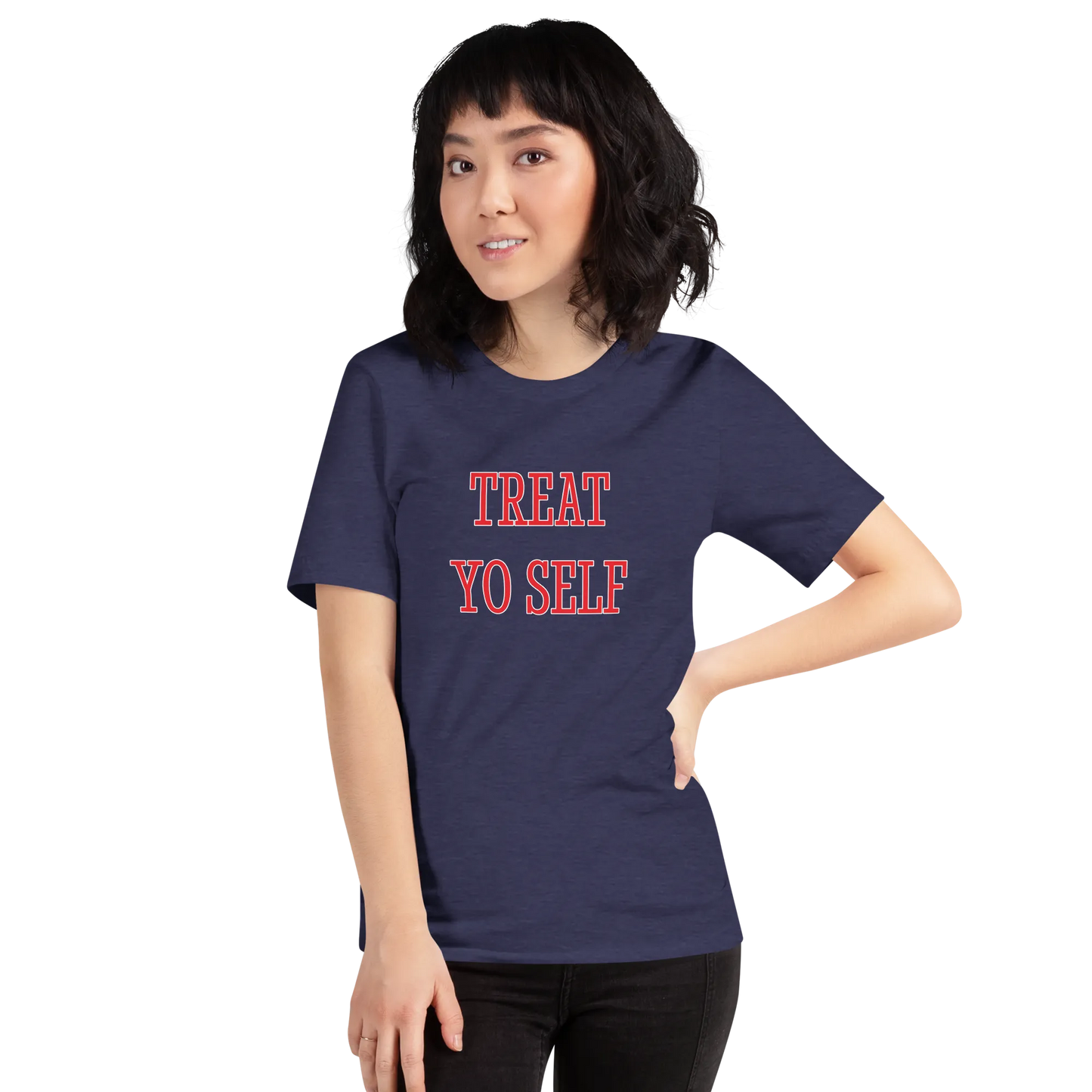 Treat Yo Self Tee in Heather Midnight Navy on woman front