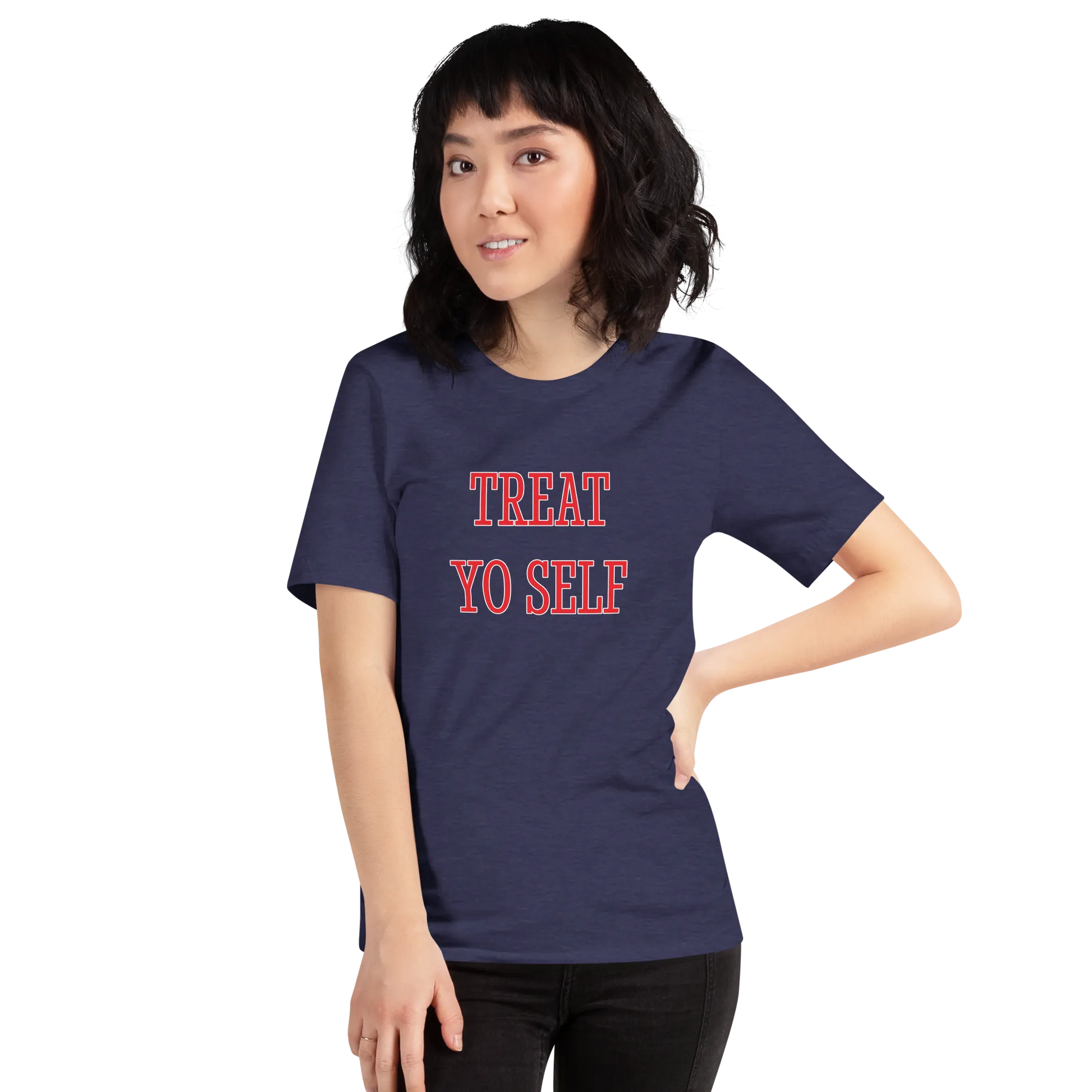 Treat Yo Self Tee in Heather Midnight Navy on woman front