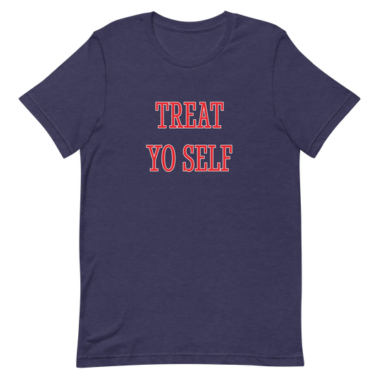 Treat Yo Self Tee in Heather Midnight Navy flatlay