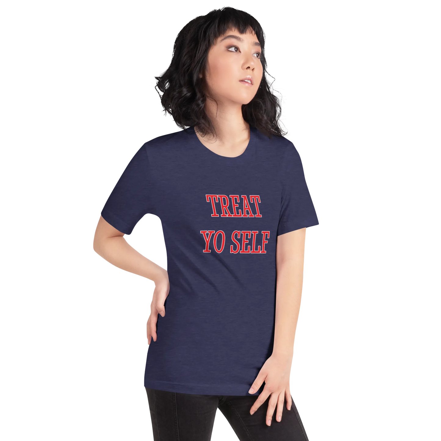Treat Yo Self Tee in Heather Midnight Navy on woman right