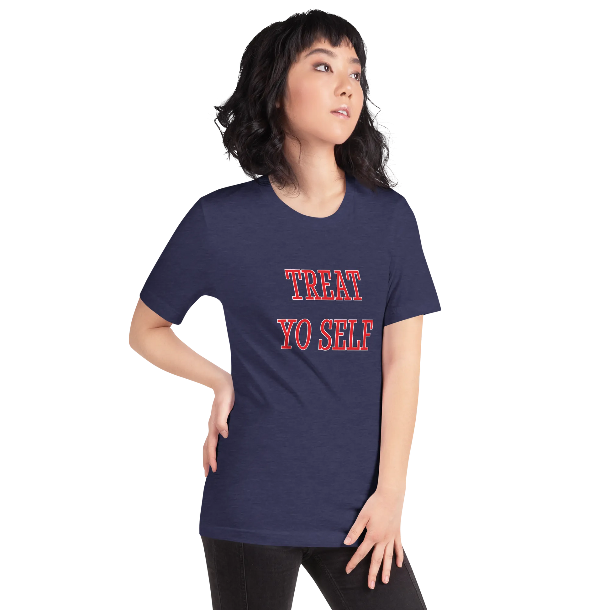 Treat Yo Self Tee in Heather Midnight Navy on woman right