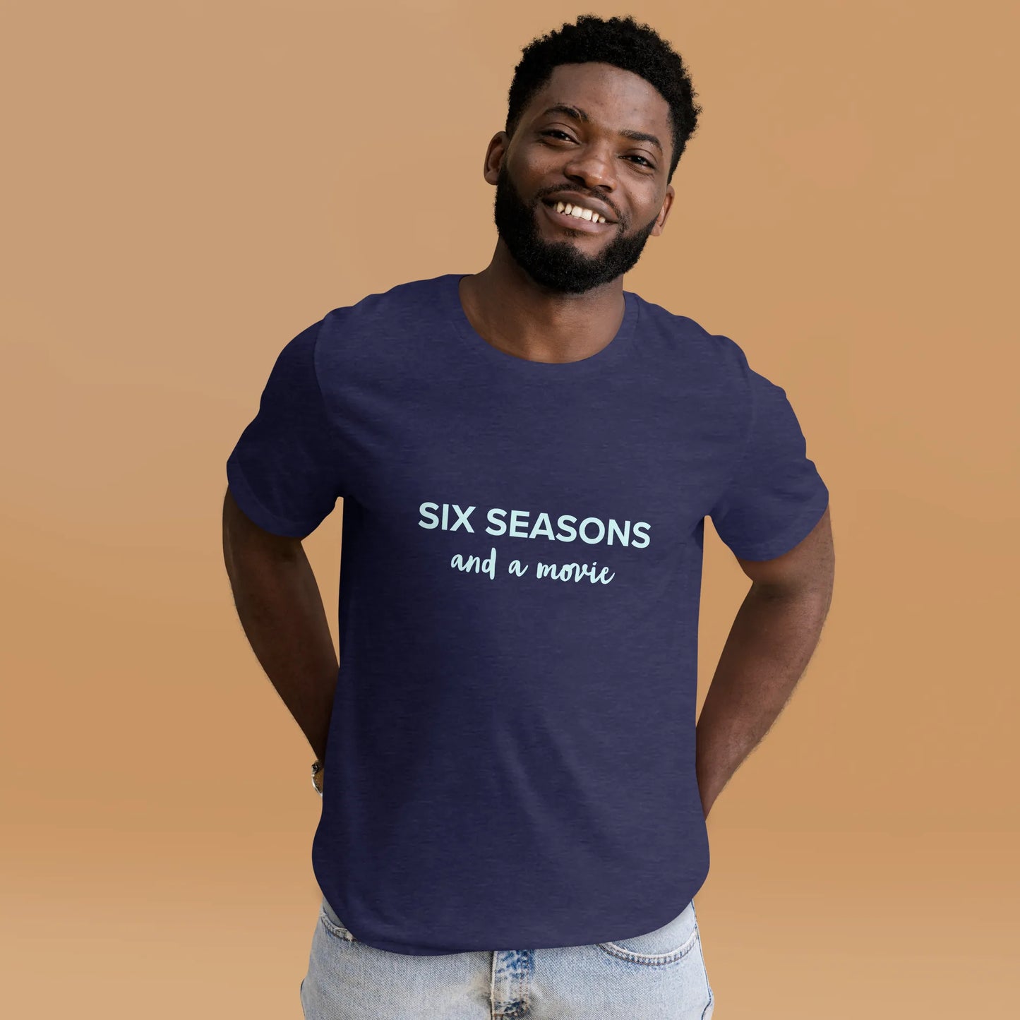Six Seasons and a Movie Tee in Heather Midnight Navy on man