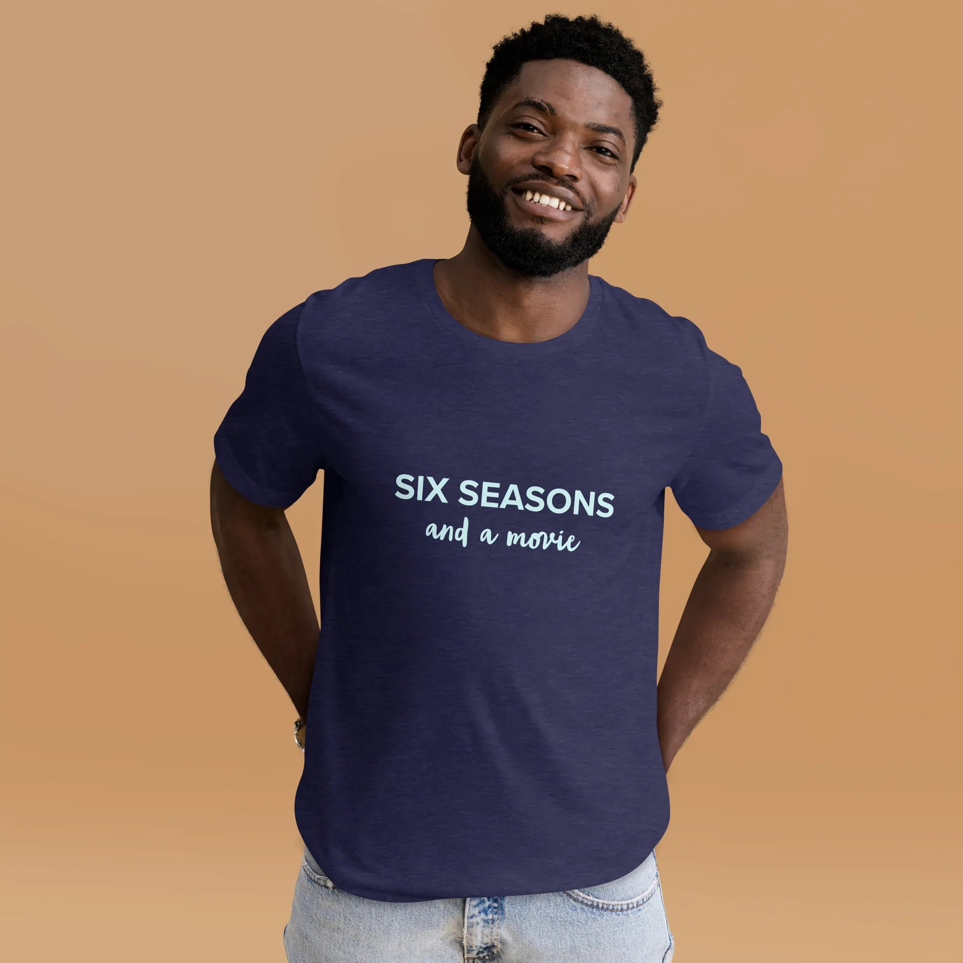 Six Seasons and a Movie Tee in Heather Midnight Navy on man