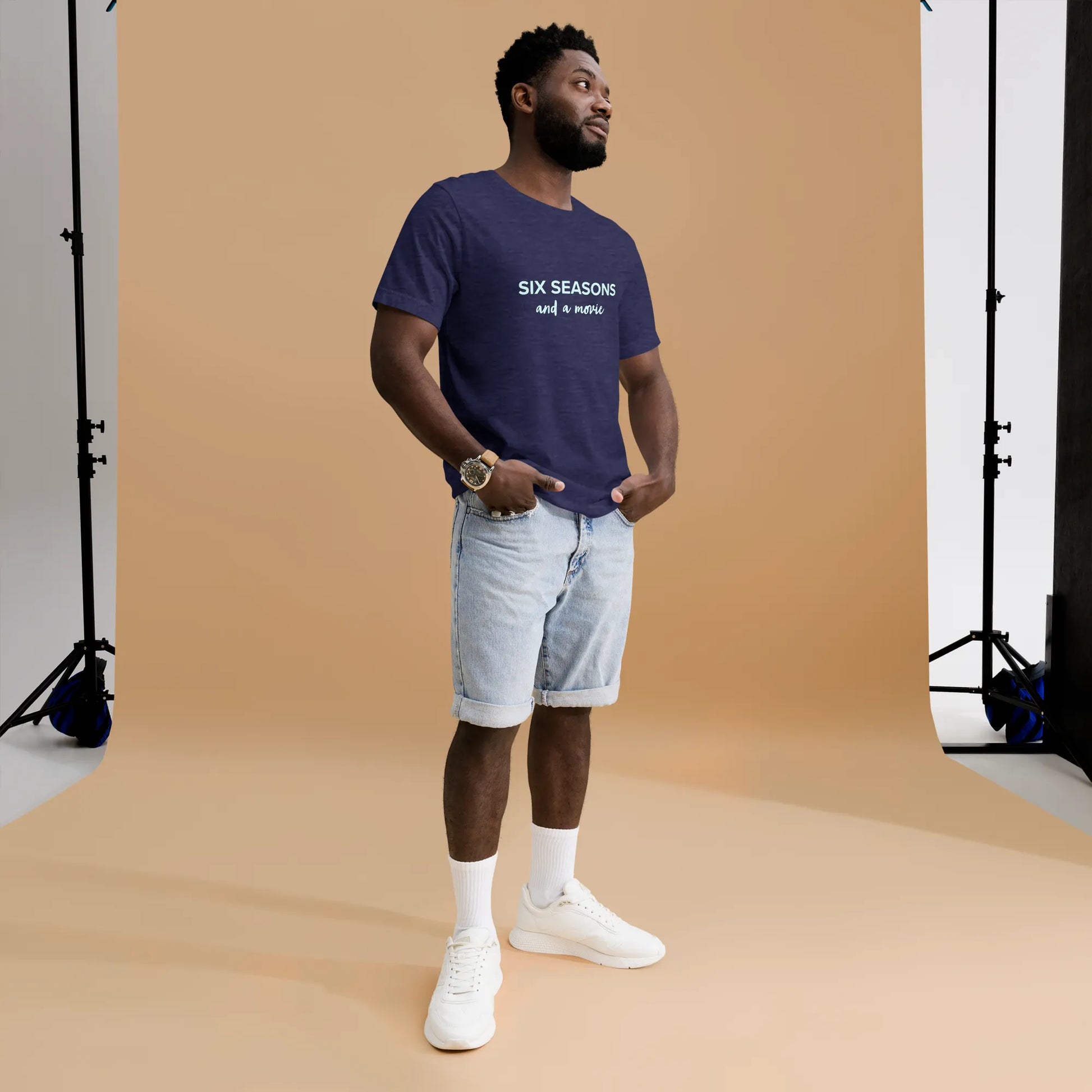 Six Seasons and a Movie Tee in Heather Midnight Navy on man right