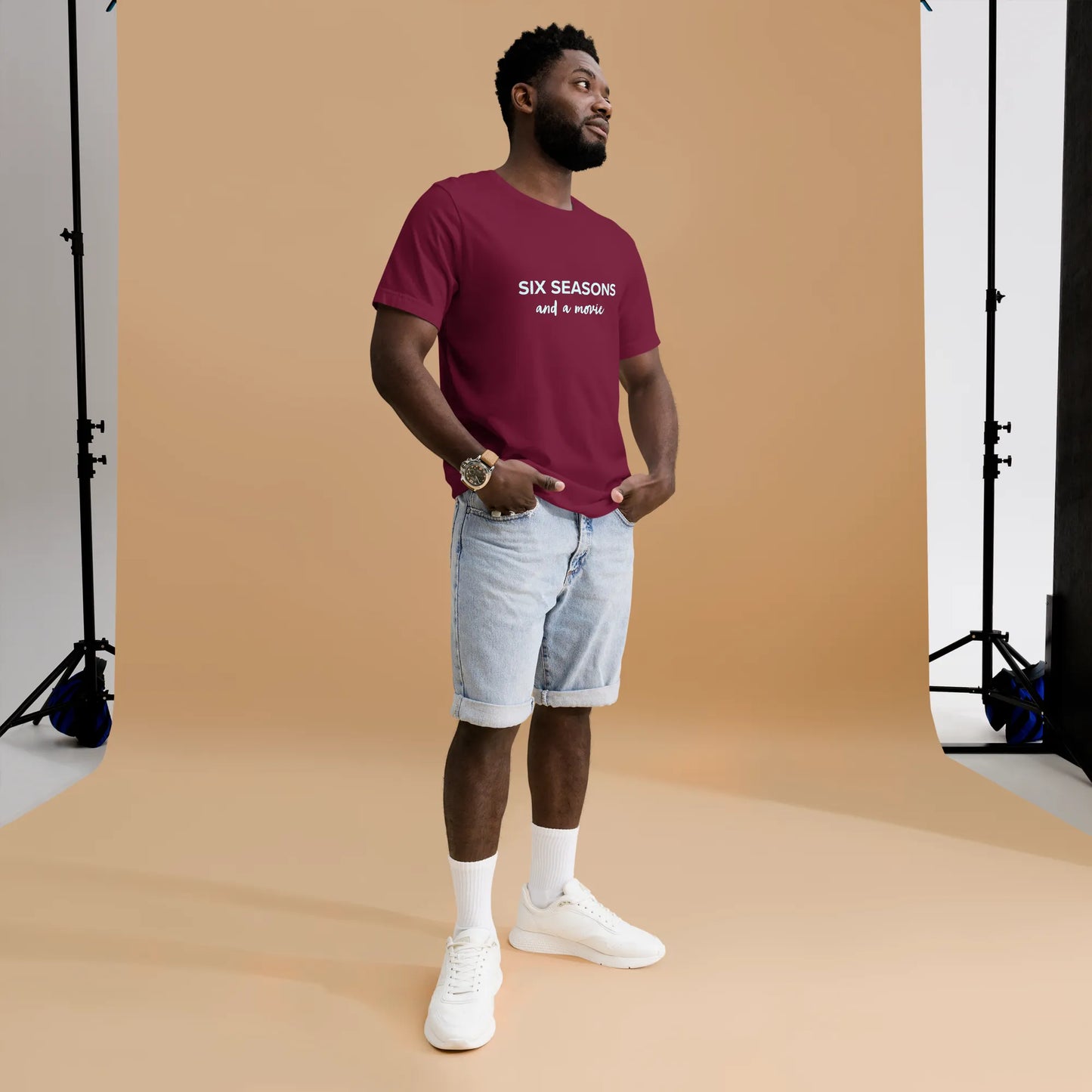 Six Seasons and a Movie Tee in Maroon on man right