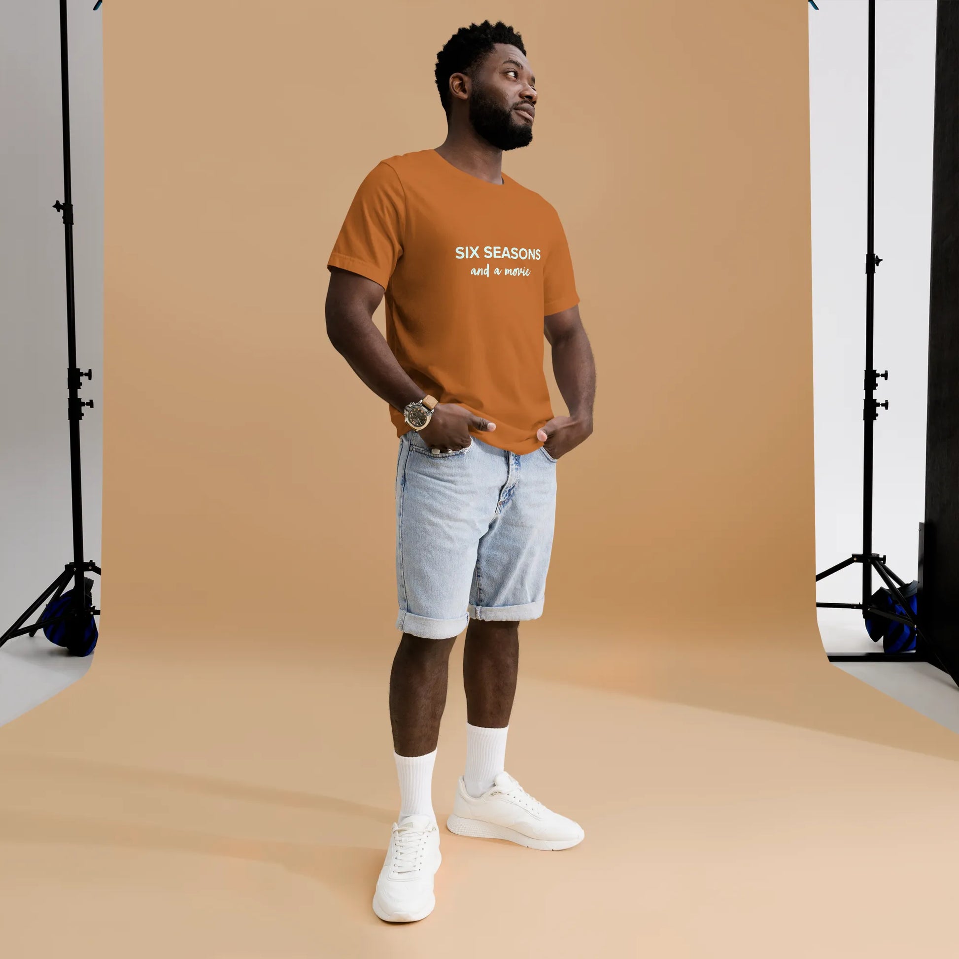 Six Seasons and a Movie Tee in Toast on man right