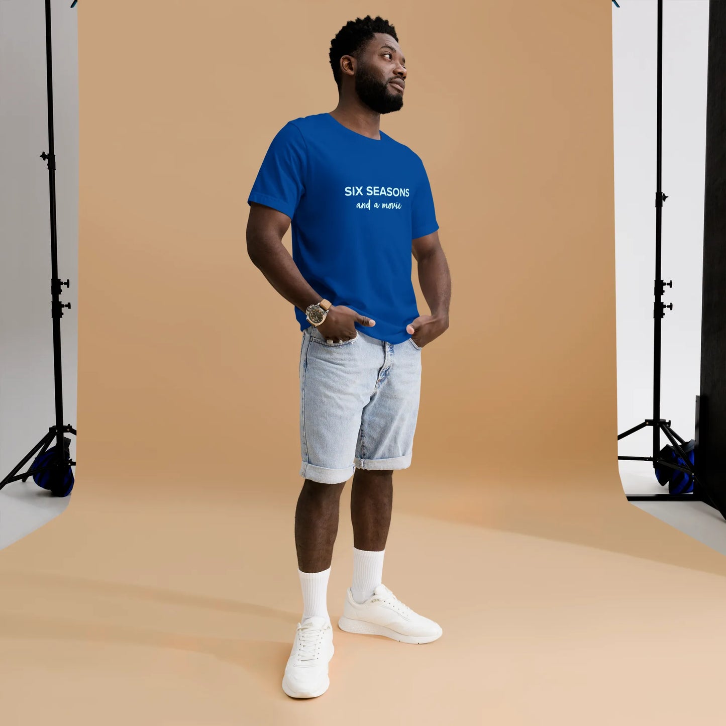 Six Seasons and a Movie Tee in True Royal on man right
