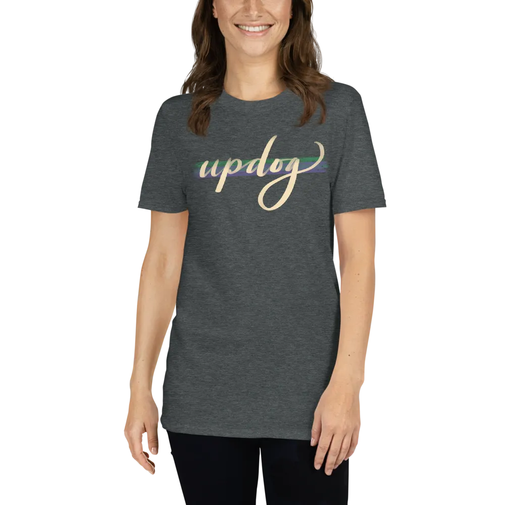 Updog Tee in Dark Heather Grey on woman