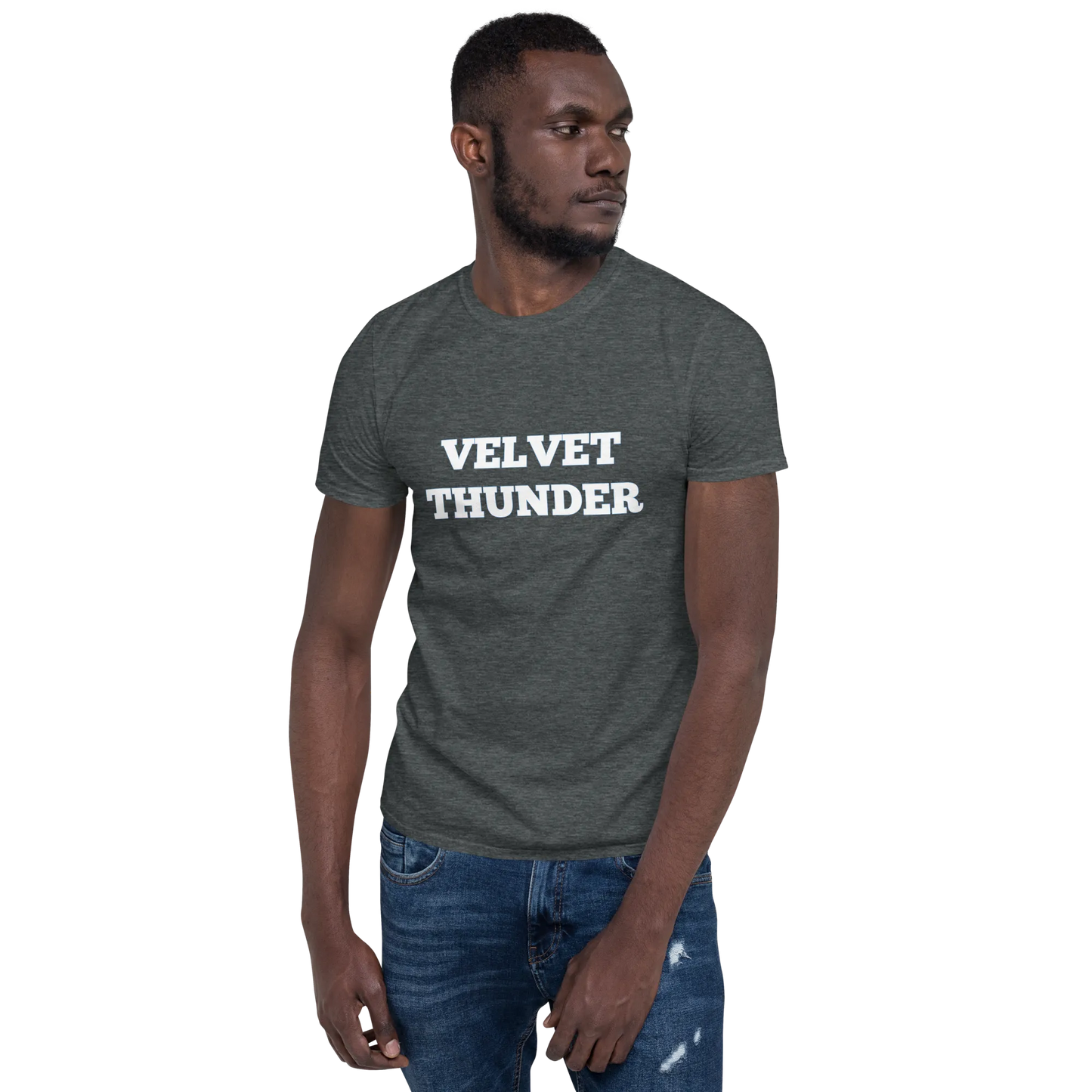 Velvet Thunder Tee in Dark Heather Grey on man front