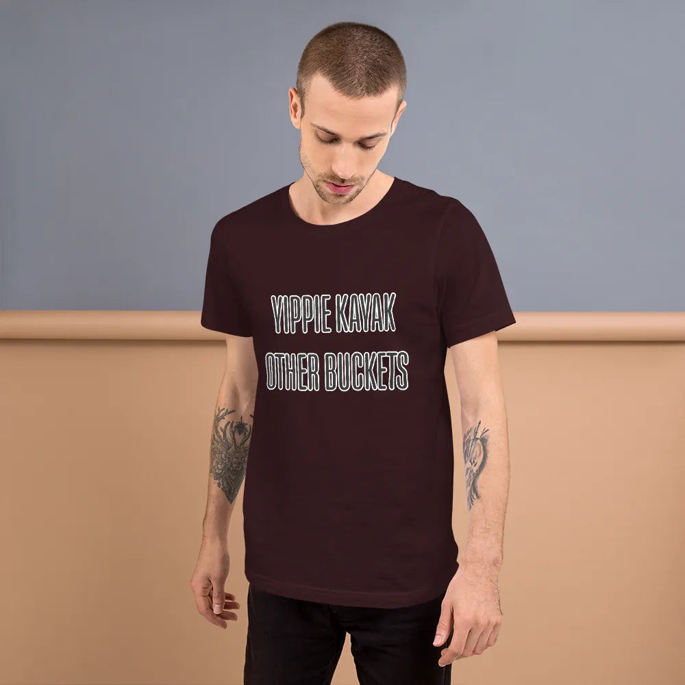 Yippie Kayak Other Buckets Tee in Oxblood Black on man